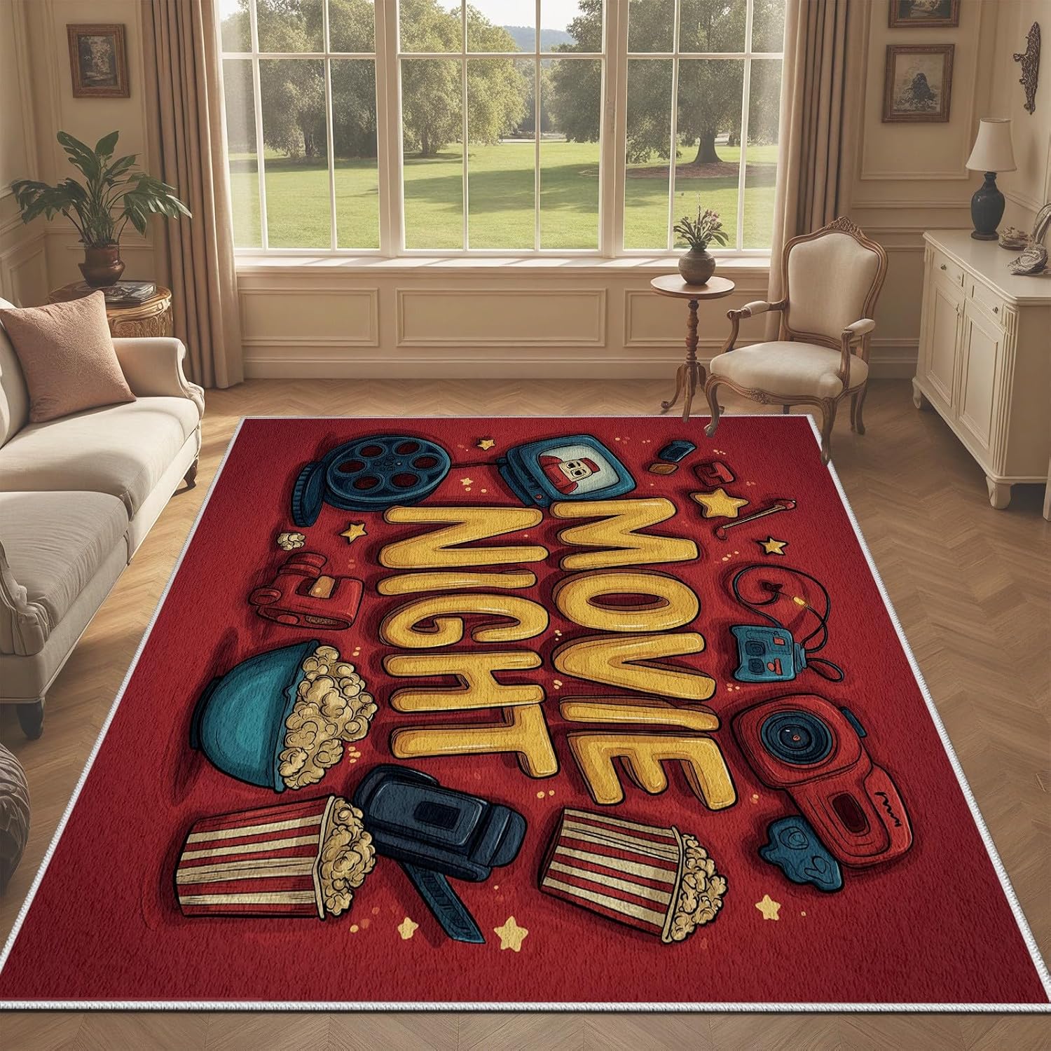 Movie Night Rug, 2x3, Vintage Home Theater Rugs, Cinema Projector Popcorn Area Rugs, Non Slip Washable Low Pile Non-Shedding Home Decor Carpet for Sofa Bedside Living Room Bedroom