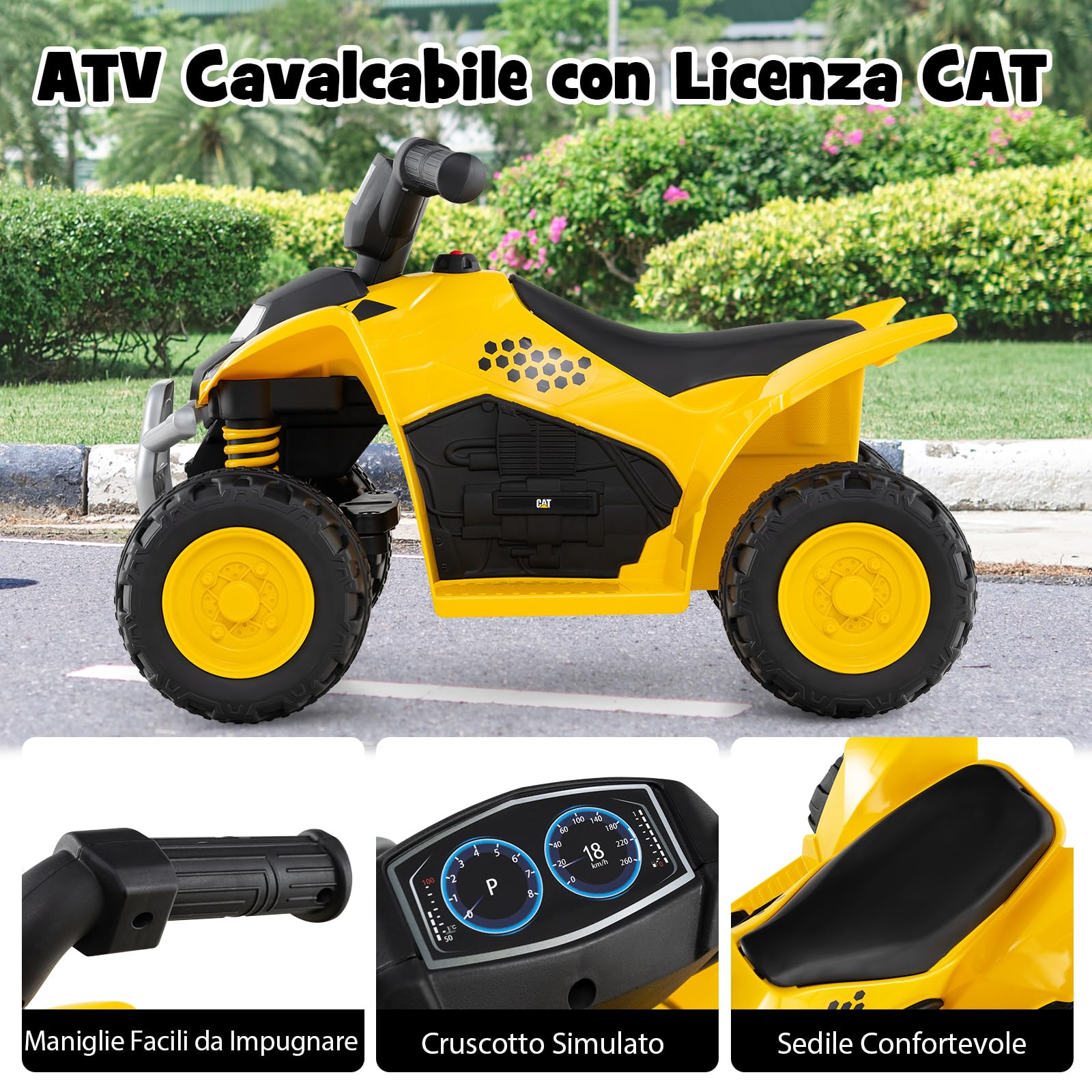 RELAX4LIFE Quad Elettrico per Bambini con Licenza CAT 6V, a 4 Ruote per Bambini Alimentato a Batteria con Fari LED, Effetto Sonoro di Avviamento, Clacson, Guida,da 18 a 36 Mesi