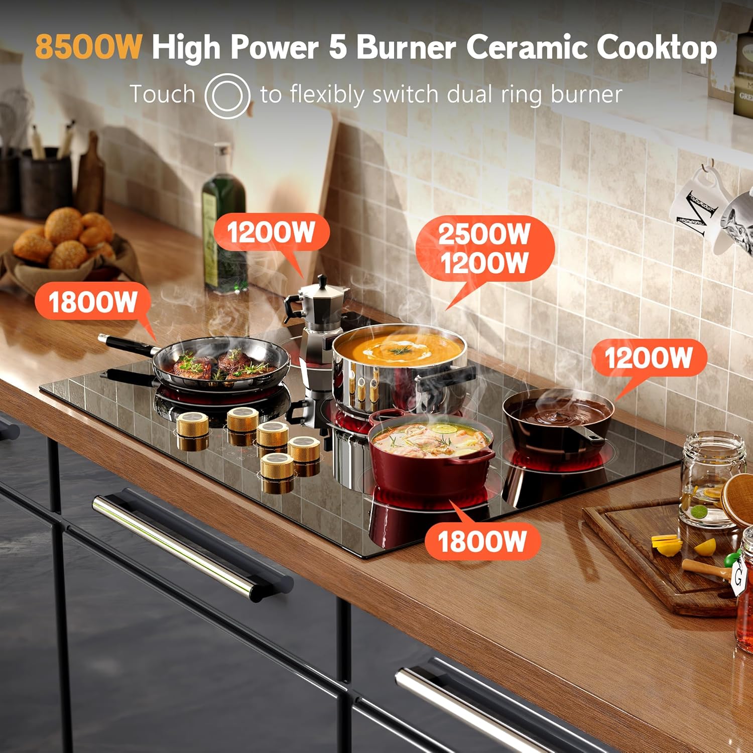 30 Inch Electric Cooktop, 30" Electric Stove 8500W, 5 Burner Ceramic Cook Top Built-in, Knob & Touch Control, Expanded Zone, Child Lock, Pause Function, 220V - 240V Hard Wire, No Plug