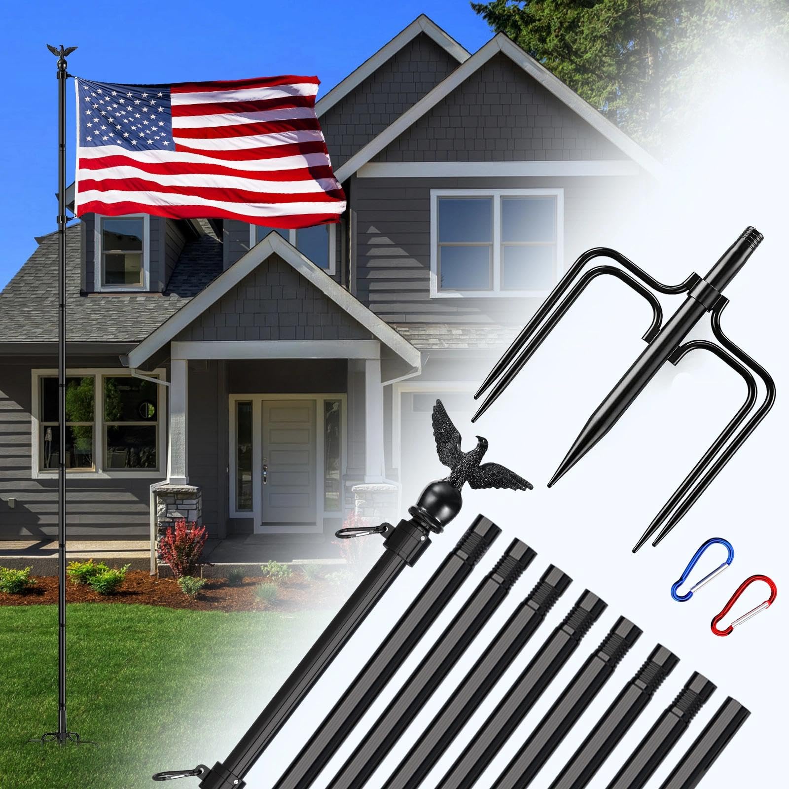 Photo 1 of LETSTRY 12 FT In-Ground Flag Pole for Outside House, Heavy Duty Wind Resistant Flagpole with Upgraded 5-Prong Base,Portable Mount Flapoles Kit for Yard, Garden Decor, Residential Commerical, Black