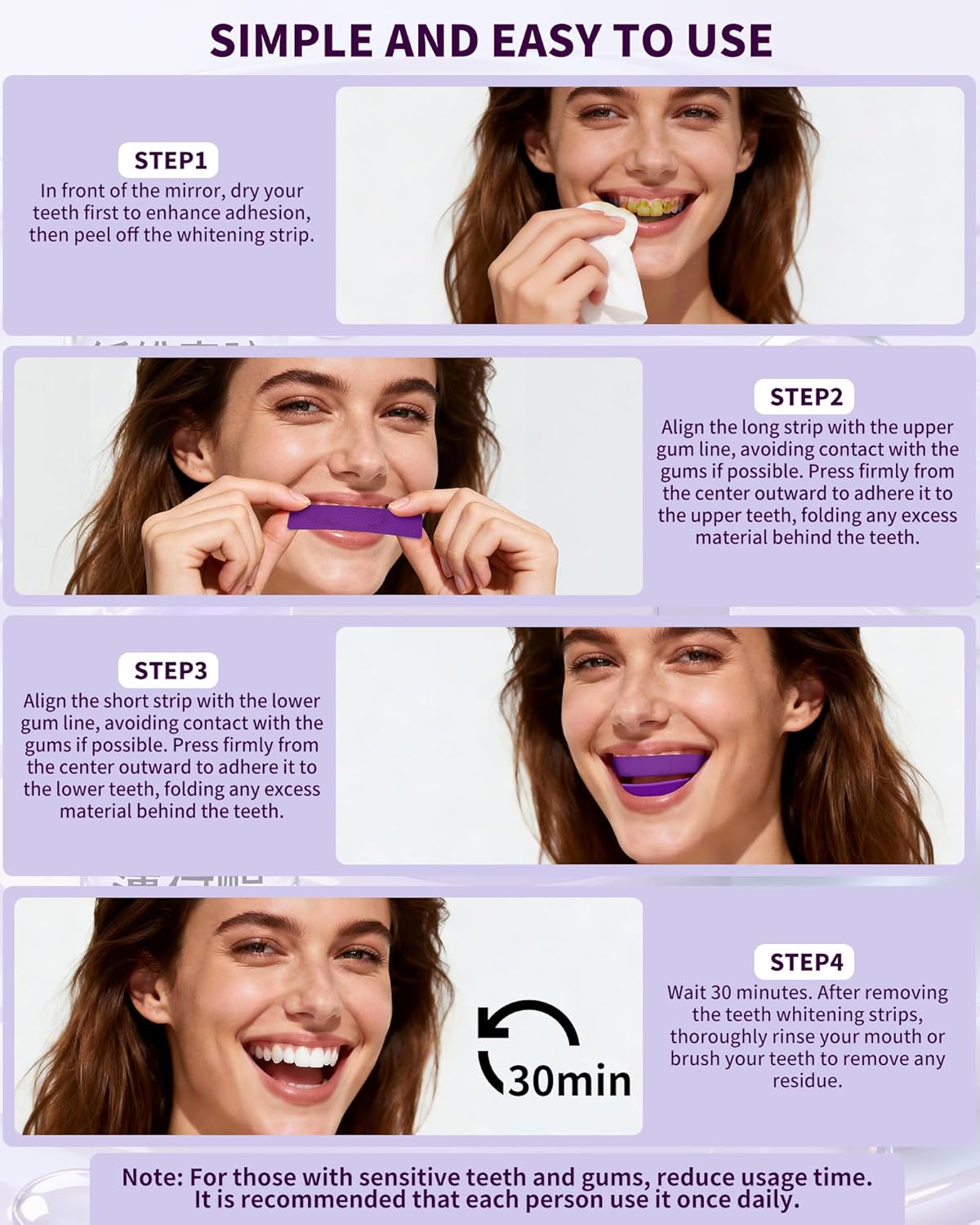 Purple Whitening Strips, Color Correcting Purple Teeth Whitening Strips, Removes Yellow Stains, Enamel Safe for Sensitive Tooth, 30 Min Treatment, 10 Treatmetnts, 20 Strips