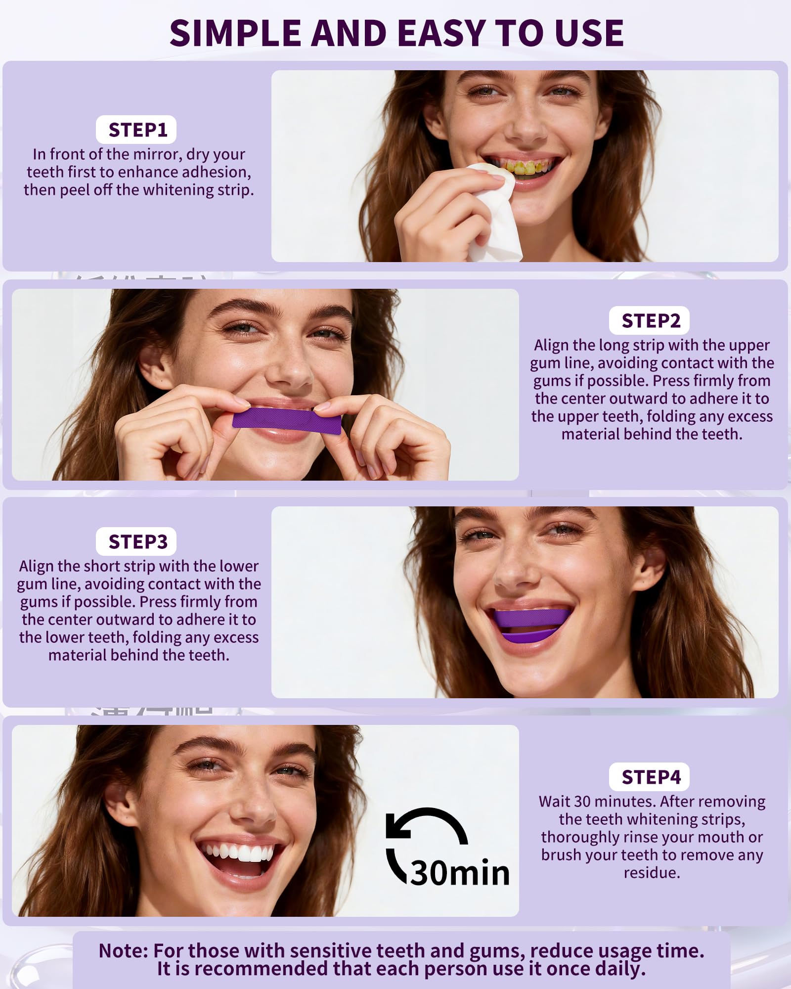 Purple Whitening Strips, Color Correcting Purple Teeth Whitening Strips, Removes Yellow Stains, Enamel Safe for Sensitive Tooth, 30 Min Treatment, 14 Treatmetnts, 28 Strips — view 5