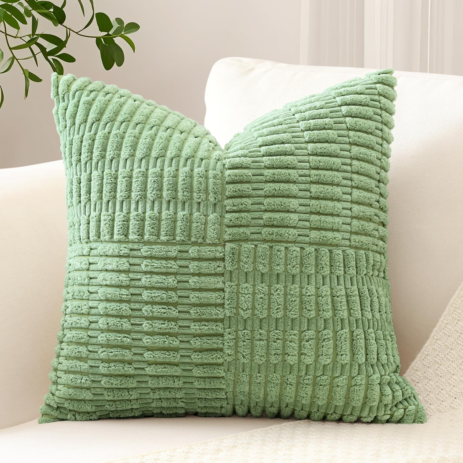 Sungeek Set of 1 Decorative Cushion Cover 40 x 40cm Soft Corduroy Striped Cross Patchwork Textured Pillow Case Boho Farmhouse Square Throw Pillow Cover for Sofa Bed Patio 16x16 Inch, Sage Green — image 1