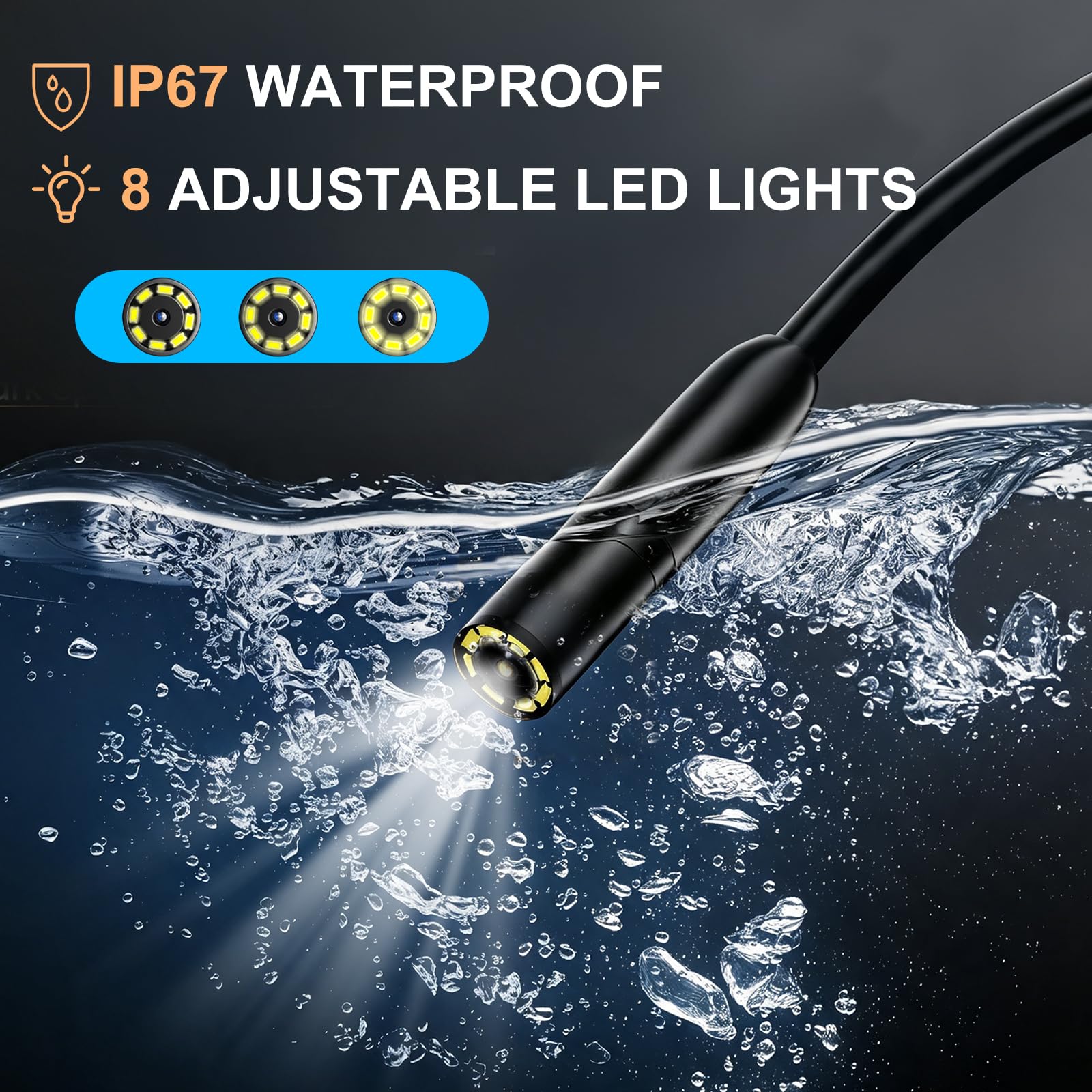 Discoball Endoscopio industrial IPS 1280P de 4.3 pulgadas, cámara de boroscopio impermeable IP67 con 6 luces LED y cable semirrígido para inspección de coche/casa/alcantarillado (cable de 5 m)