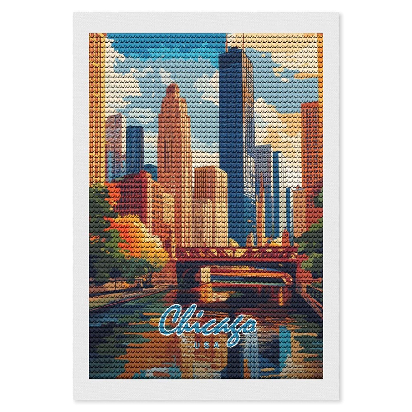 Junmoney Chicago Skyline Diamond Painting Canvas Set 8"x12", for Adults, Decorate Your Room, Festive Craft Gift, Office Decor