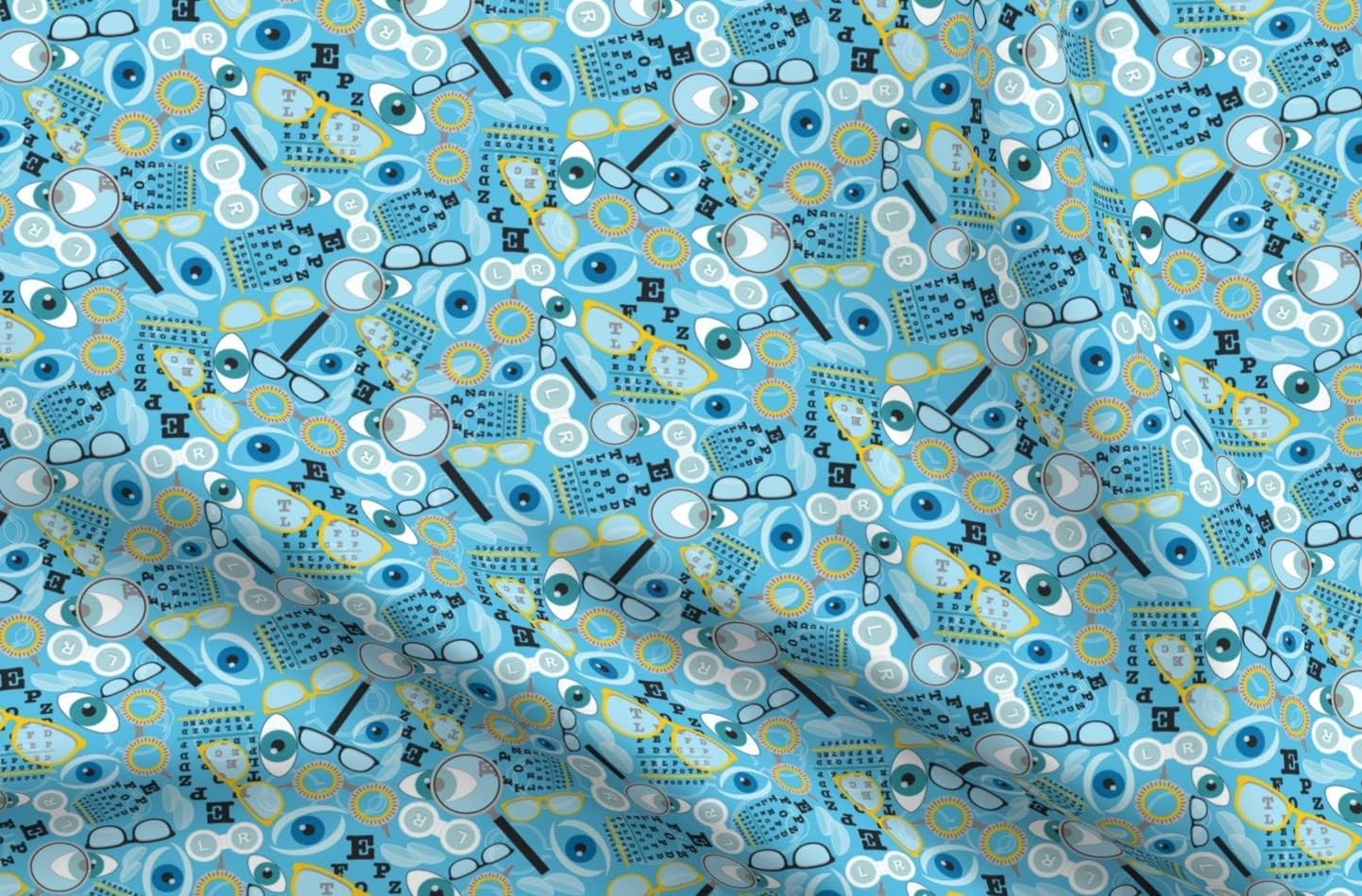 Spoonflower Fabric - Blue Yellow Eye Glasses Chart Spectacles Vision Optometrist Printed on Organic Cotton Sateen Fabric by The Yard - Sewing Quilting Apparel Home Decor