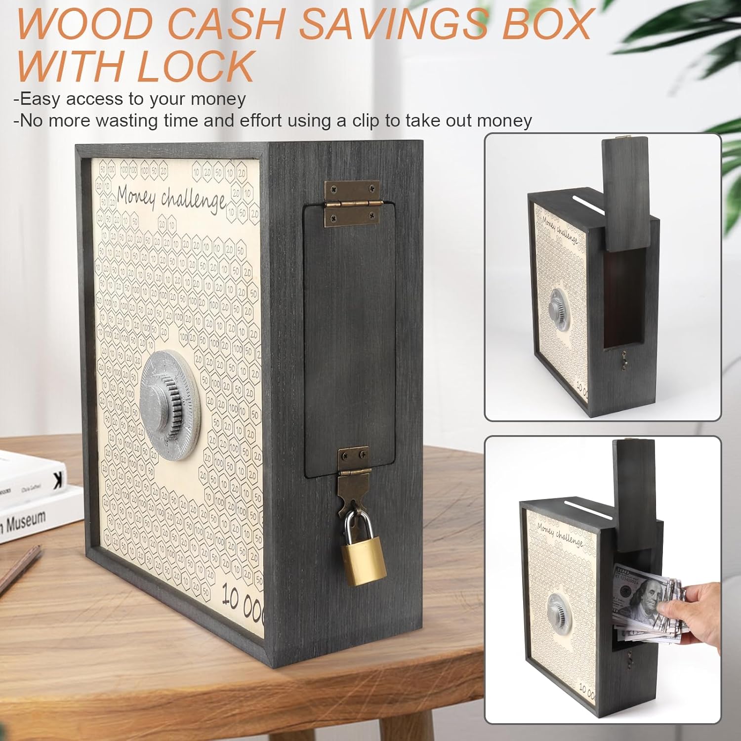 10000 Money Saving Box with Lock, Large Wooden 10k Savings Challenge Box $10,000 Reusable Coin Money Challenge Cash Vault Saving Box Saver Tracker Number Piggy Bank for Adults Kids, Blue
