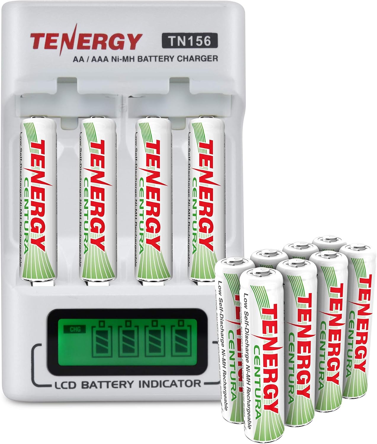 Tenergy TN156 4-Bay AA/AAA NiMH LCD Battery Charger and 12 Pack Centura AAA Batteries