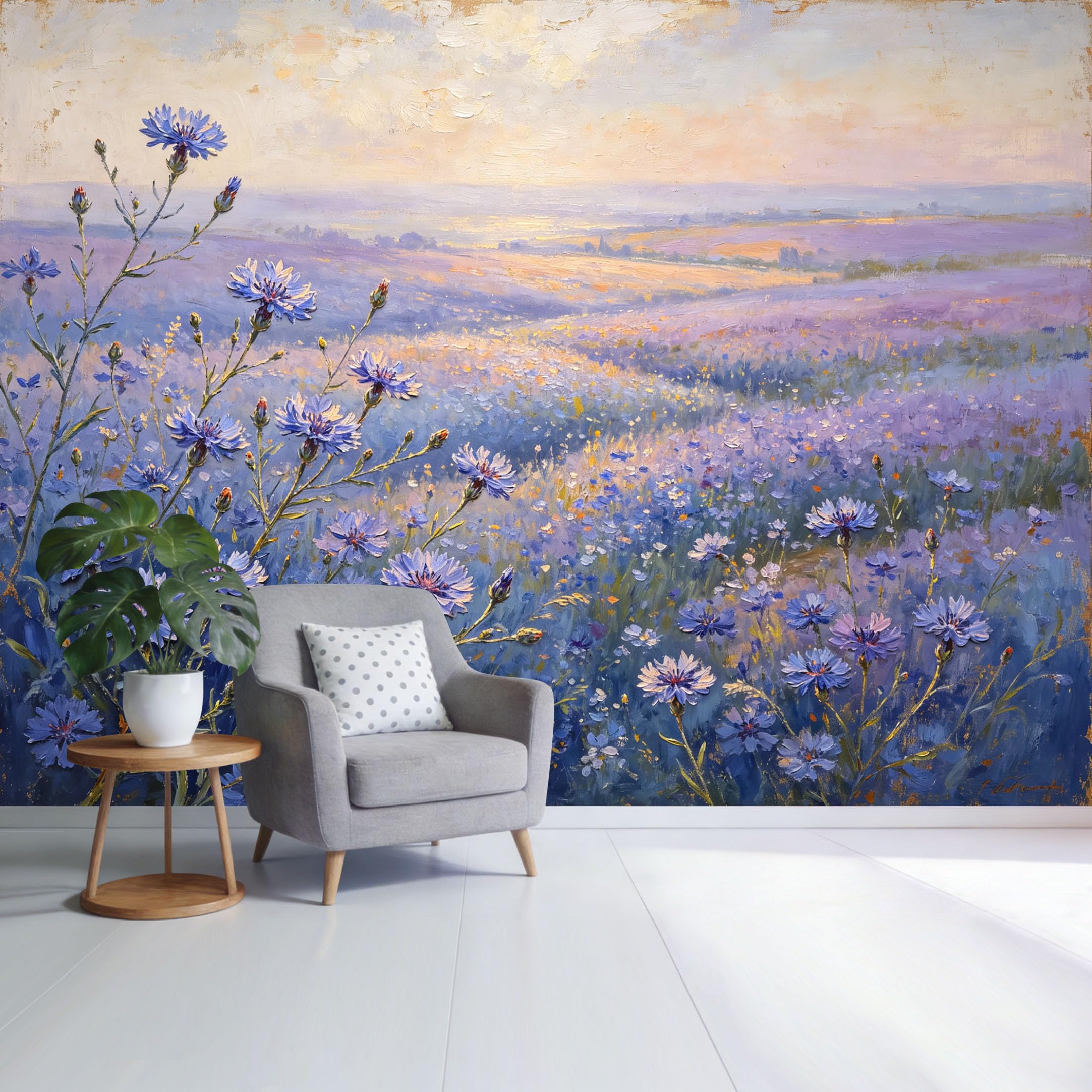 Custom Size Wall Mural Lavender Field Landscape Blue Wildflower Oil Painting Pastel Sunset Botanic Art SelfAdhesive Wall Fabric Removable Wallpaper for Home Office Decor
