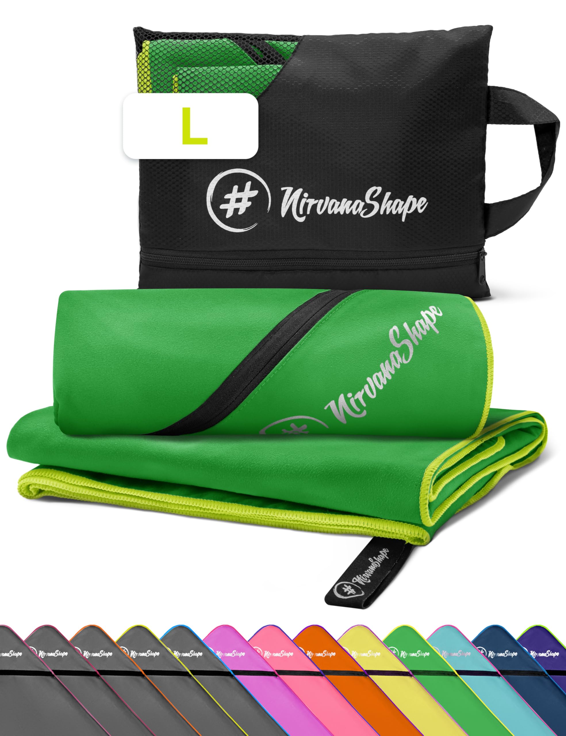 NirvanaShape Microfiber - Travel Towel for Beach Sports, L 140 x 70 cm, Green / Yellow Seam, L: 140 x 70 cm