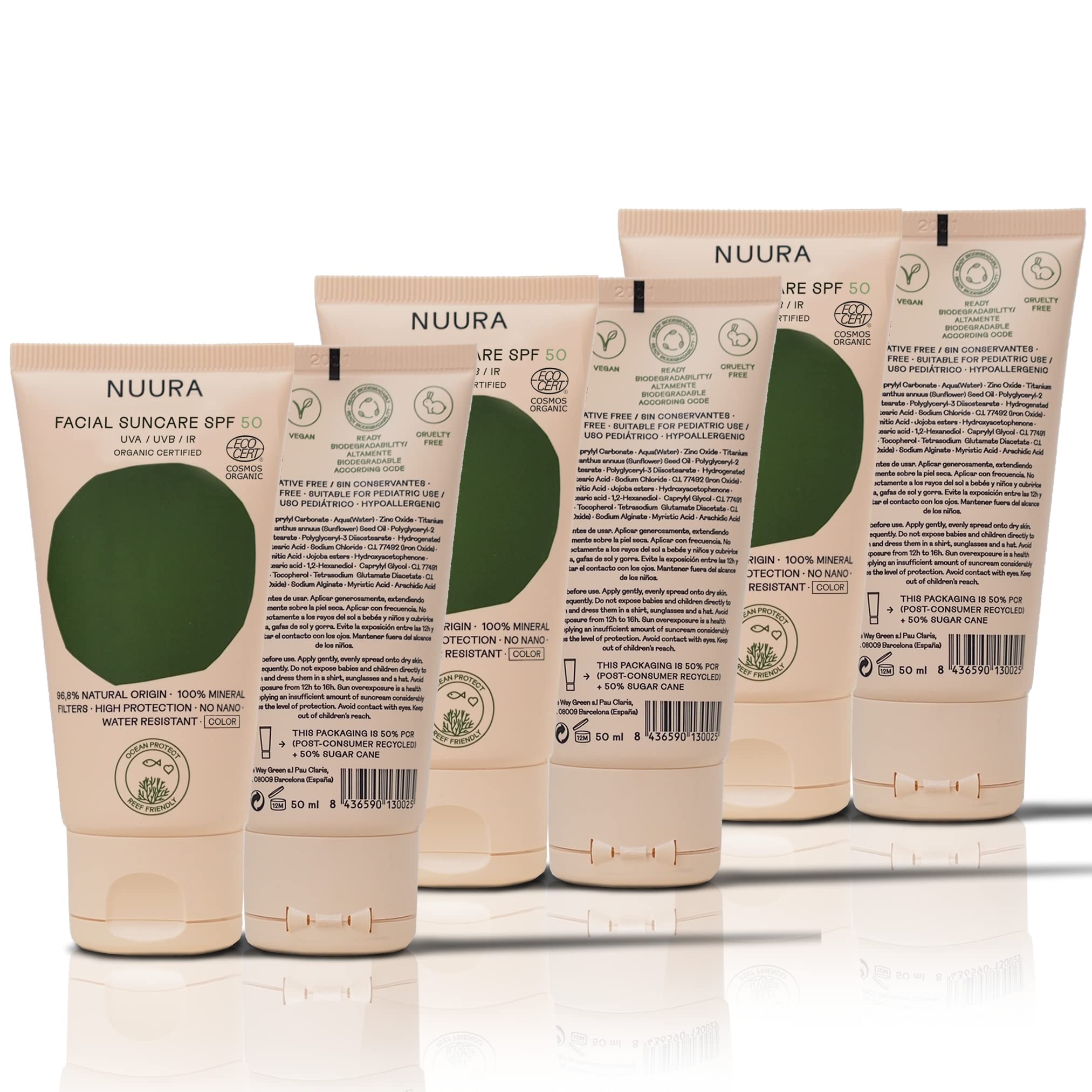 NUURA Protección Solar Facial Mineral [Pack de 3] Ecológica Certificada Orgánica - Vegana - Ocean and Reef Respect - Envase ecológico - Cruelty Free - SPF 50+ UVA/UVB/IR [50 ml]