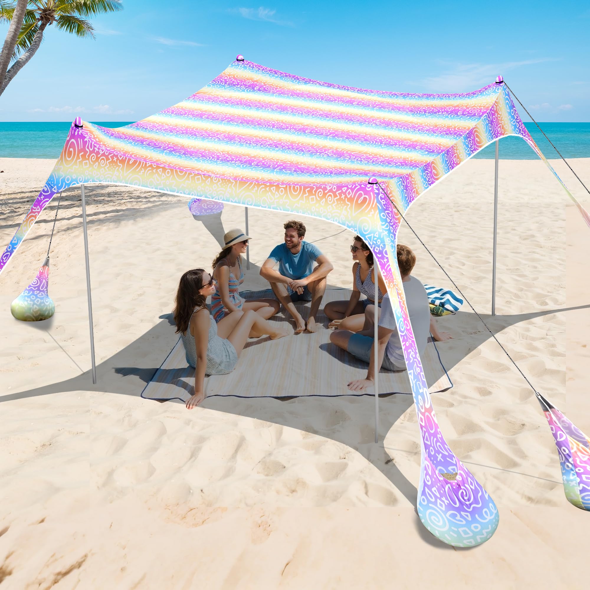 Photo 1 of 2PM SPORTS Beach Tent Sun Shelter 10x10 FT - UPF 50+ UV Protection, 8 Sandbags, Easy Setup, Portable Beach Shade Canopy for Family Picnic Camping Travel