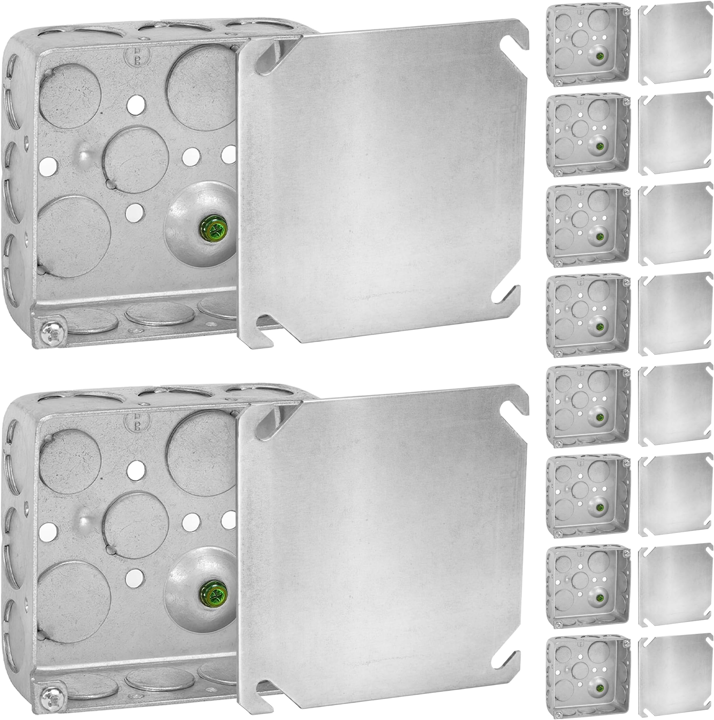 OHLECTRIC 4x4 Electrical Junction Boxes with Blank Covers (10-Pack) 1-1/2 Inch Deep, 21 Cu. in. 4 Inch, Heavy-Duty Metal Outlet Boxes, Bulk Pack Steel Box Duplex Receptacle & Black Cover, UL Listed