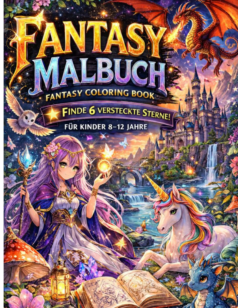 Fantasy Malbuch: 30 Motive zum Ausmalen mit Drachen, Einhörnern, Zauberern und magischen Kreaturen – inklusive Sternensuche-Spiel