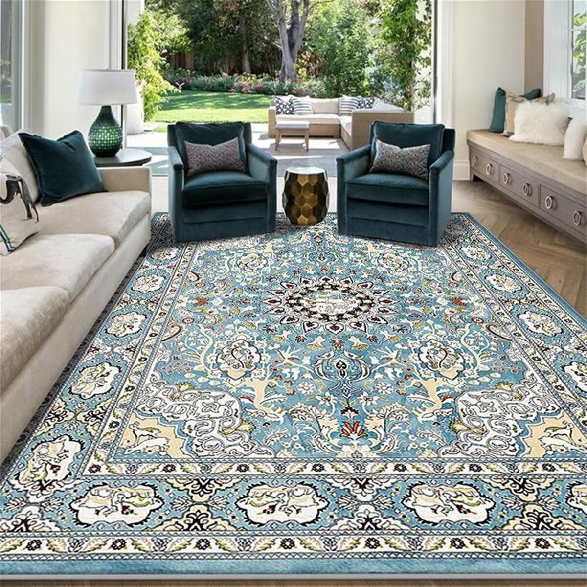 Tapis bleu entretien facile au design floral pour une deco salon de standing