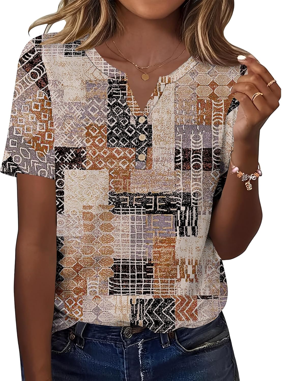 TCOT Women's Tops Dressy Casual Summer Blouses Short Sleeve Button V Neck Spring Tee Shirts