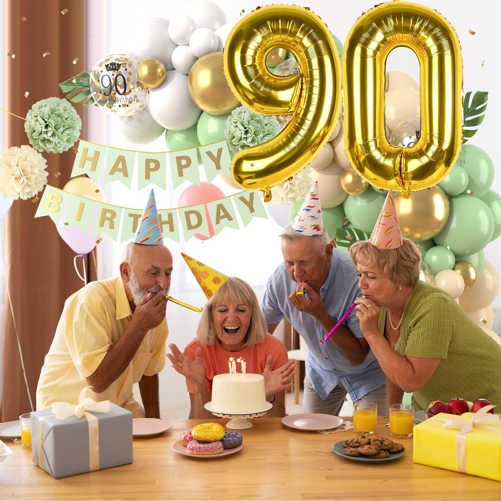 Decoraciones de 90º Cumpleaños Verde salvia,Decoraciones de 90º Cumpleaños Guirnalda de Globos con Globos del Número 90 para Hombres Mujeres Decoraciones de 90º Cumpleaños