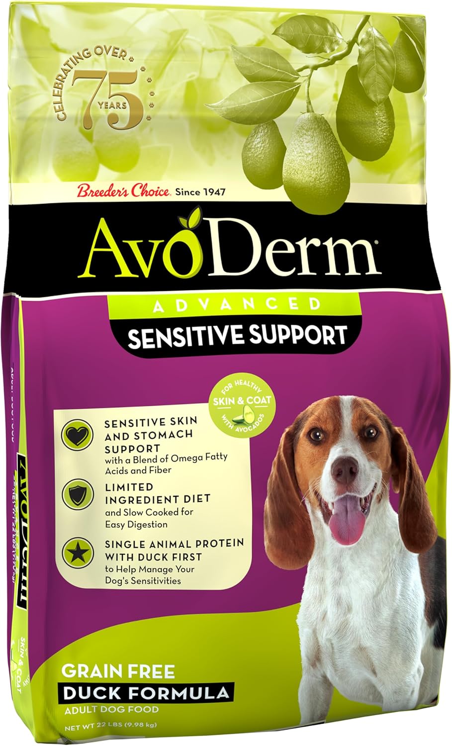 AvoDerm Natural Sensitive Stomach Dry Dog Kibble, Food Intolerance and Sensitivities, Duck 22 Pound (Pack of 1)
