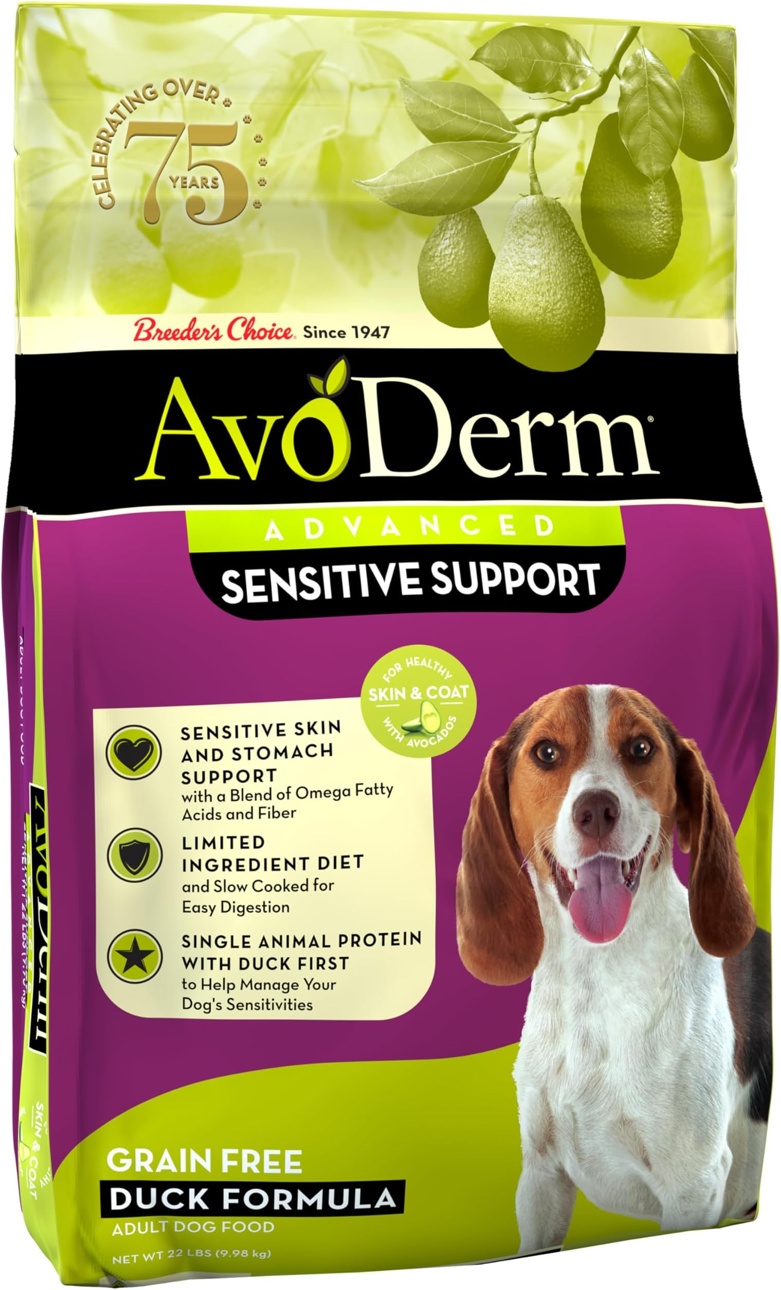 AvoDerm Natural Sensitive Stomach Dry Dog Kibble, Food Intolerance and Sensitivities, Duck 22 Pound (Pack of 1)