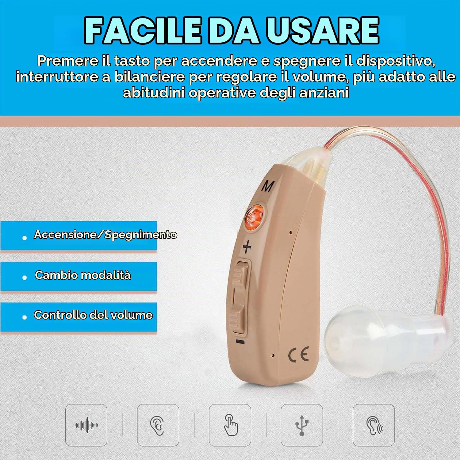 Ricaricabile - Coppia di dispositivi personali BTE digitali premium con 4 modalità di programma Cancellazione del rumore e riduzione del feedback e ricarica rapida per adulti Anziani e anziani