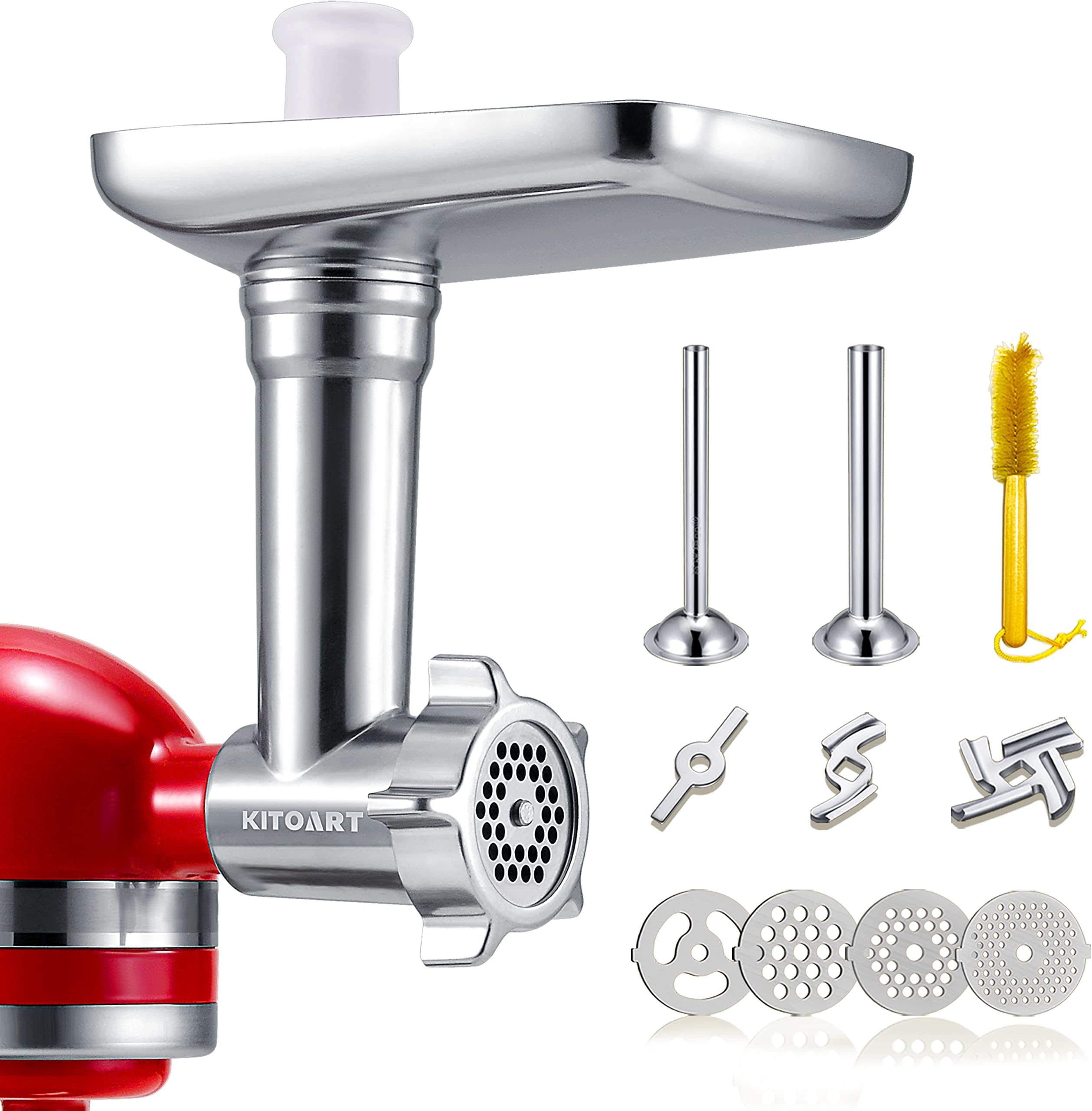 KITOART Metal Food Grinder Attachments for KitchenAid Stand Mixers, Meat Grinder, Sausage Stuffer Includes Two Sausage Stuffer Tubes, Durable Perfect Attachment for KitchenAid Mixers, Sliver
