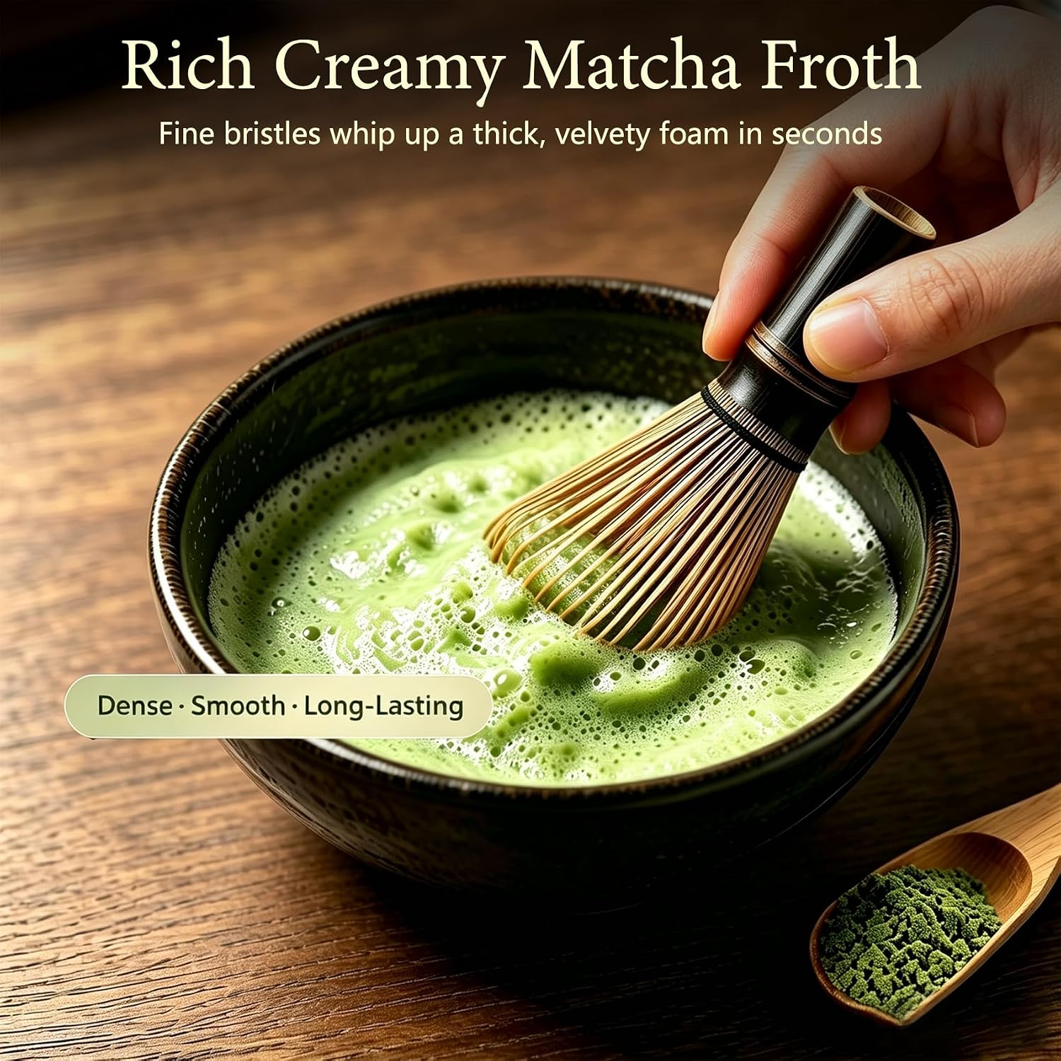 Handcrafted Matcha Whisk（1 piece），Kurotake Natural Black Bamboo Matcha Whisk for Ceremonial-Grade Matcha Powder,Creates Silky Matcha Foam,Artisan Made Black Bamboo Whisk,70-76 Fine Tines,5‑Yr Warranty