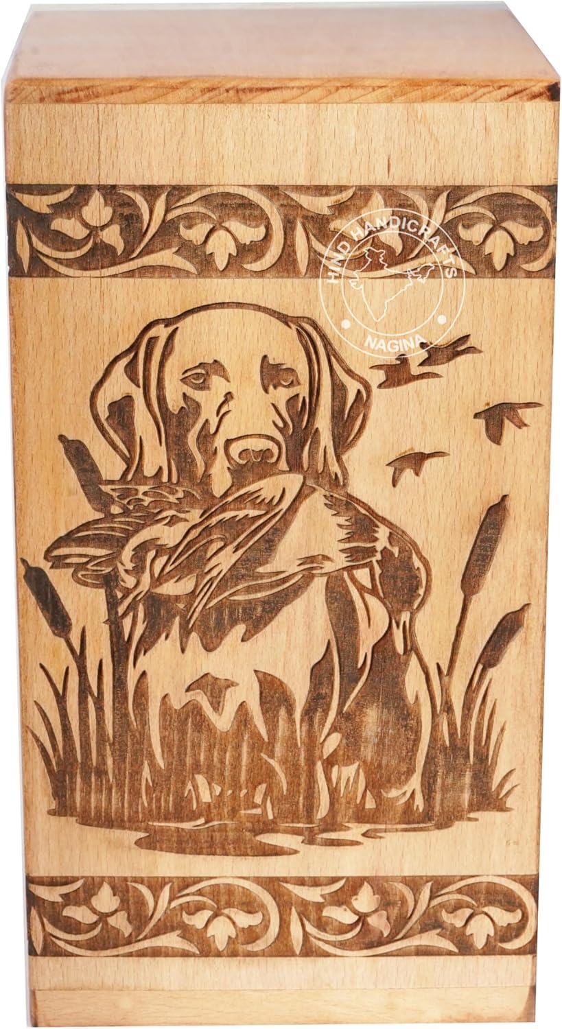 Handcrafted Floral Engraved Wooden Urns for Human Ashes Adult Large - Cremation Urn for Ashes - Burial Urn for Columbarium - Funeral Urn Box (Dog Hunting, 250 LB - Beechwood)