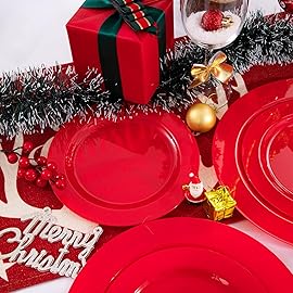 FLOWERCAT 60PCS Red Plastic Plates - Heavy Duty Red Plates Disposable for Party - Include 30PCS 10.25inch and 30PCS 7.5inch for 30 guests Party & Christmas & New Year