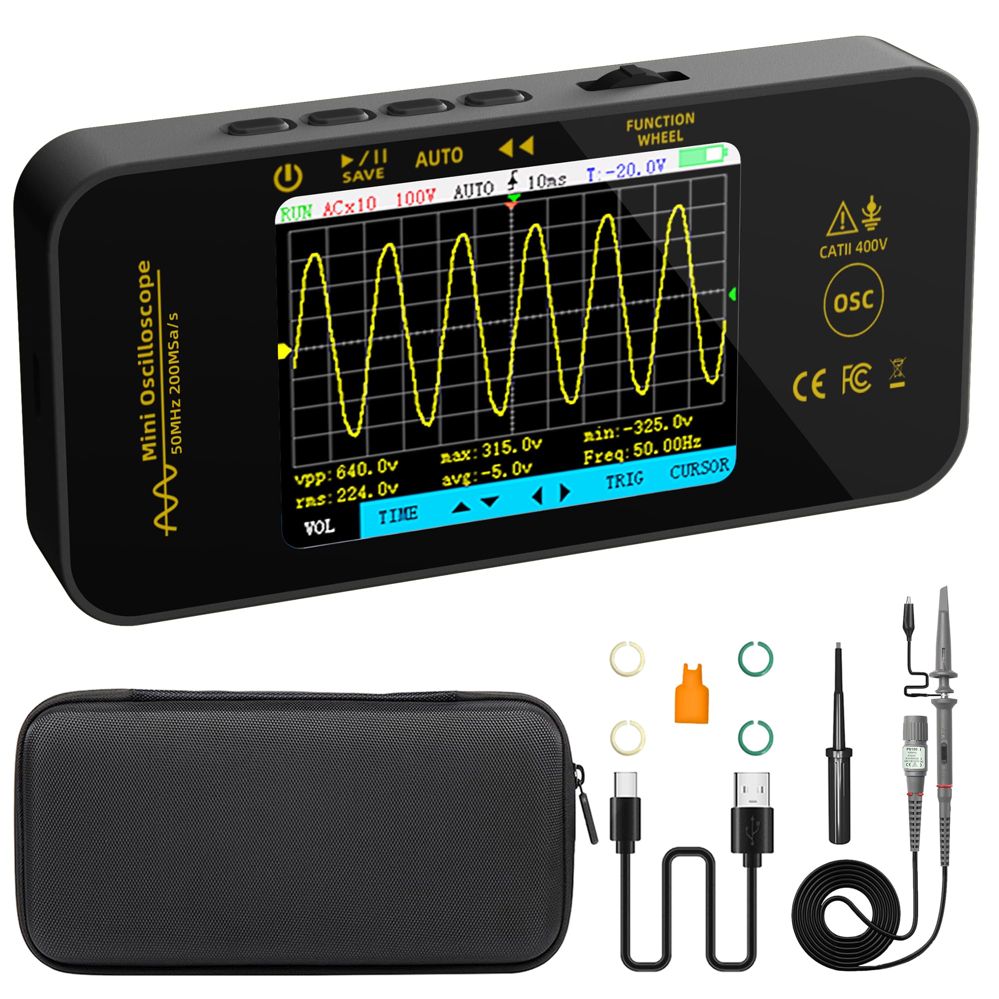 BSIDE OT5 Mini Oscilloscope displaying a waveform with measurement parameters like VPP, RMS, MAX, MIN, AVG, and Freq.
