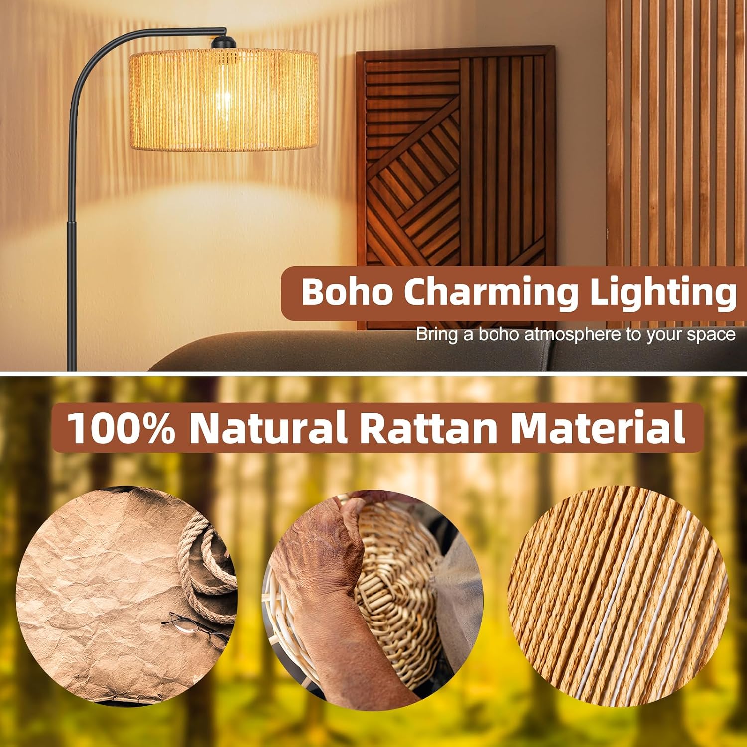 Boho Standing Lamp with Dimmable Bulb Nartual Rattan Adjustable Lampshade, Black Modern Farmhouse Rattan Floor Lamp for Living Room, Bedroom, Office, Classroom