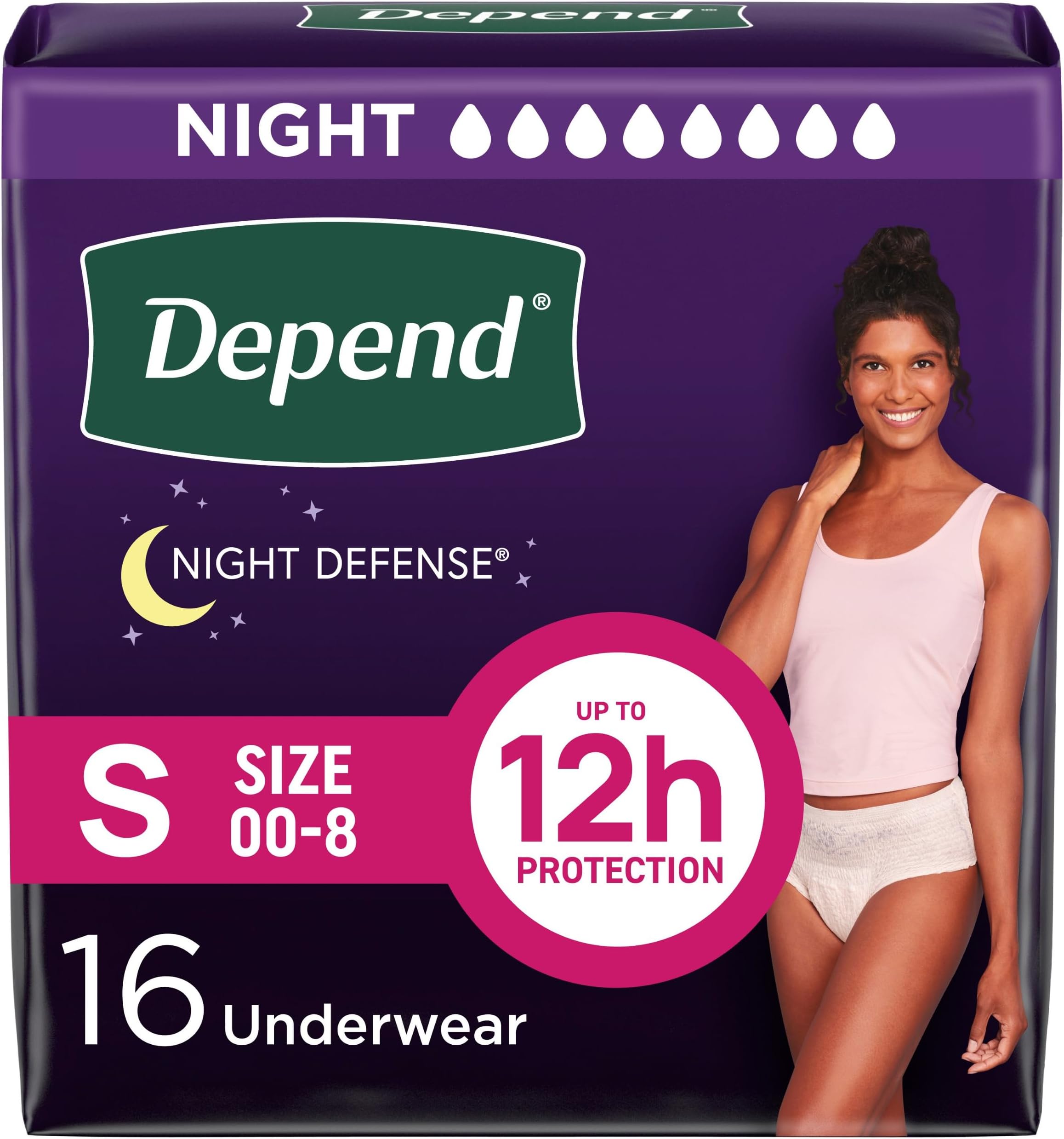 16 Count (1 Package) Small Depend Night Defense Underwear - Overnight