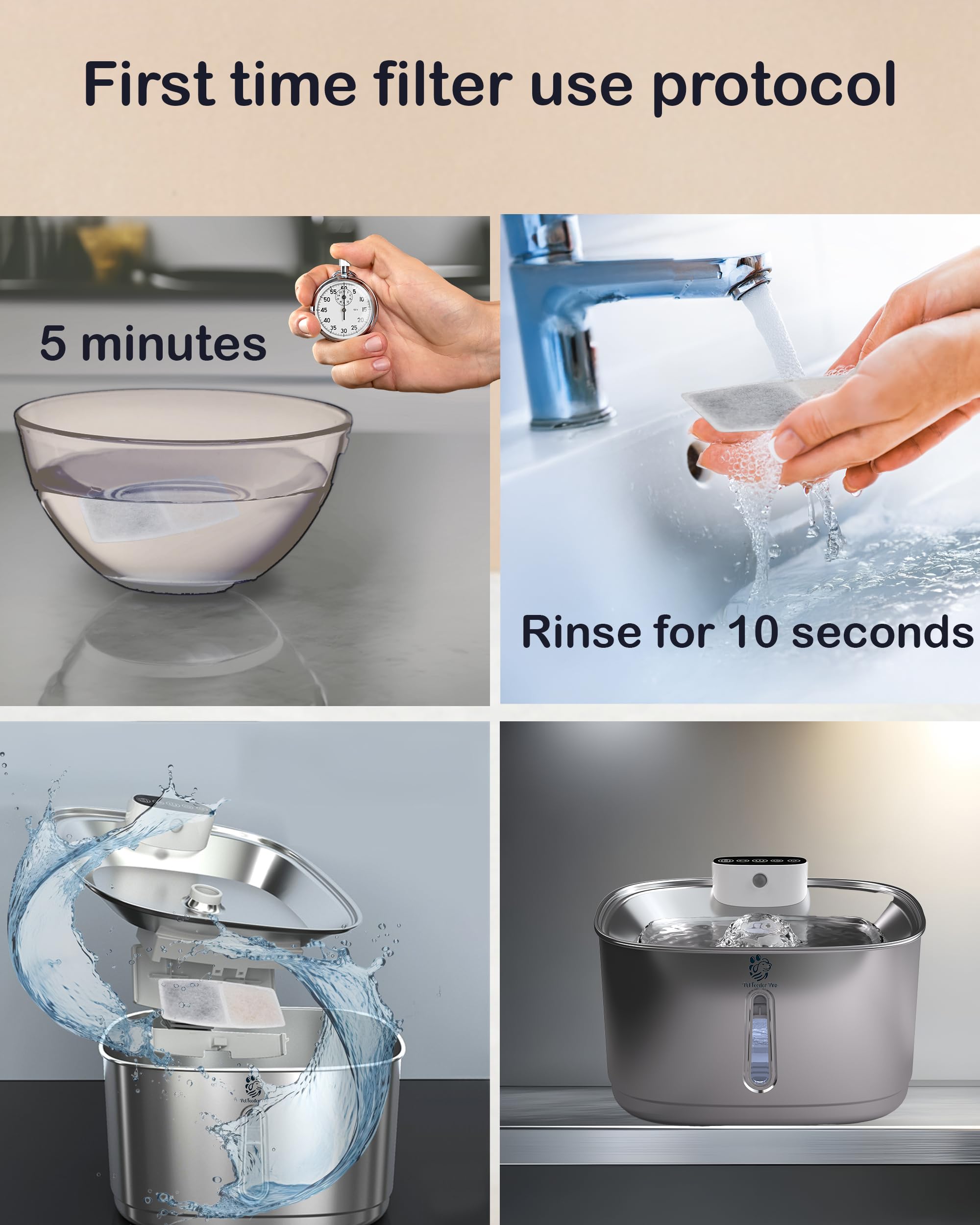 Filtro de repuesto para fuente de agua de acero inoxidable, paquete de 6 filtros y 2 esponjas (WF01F)