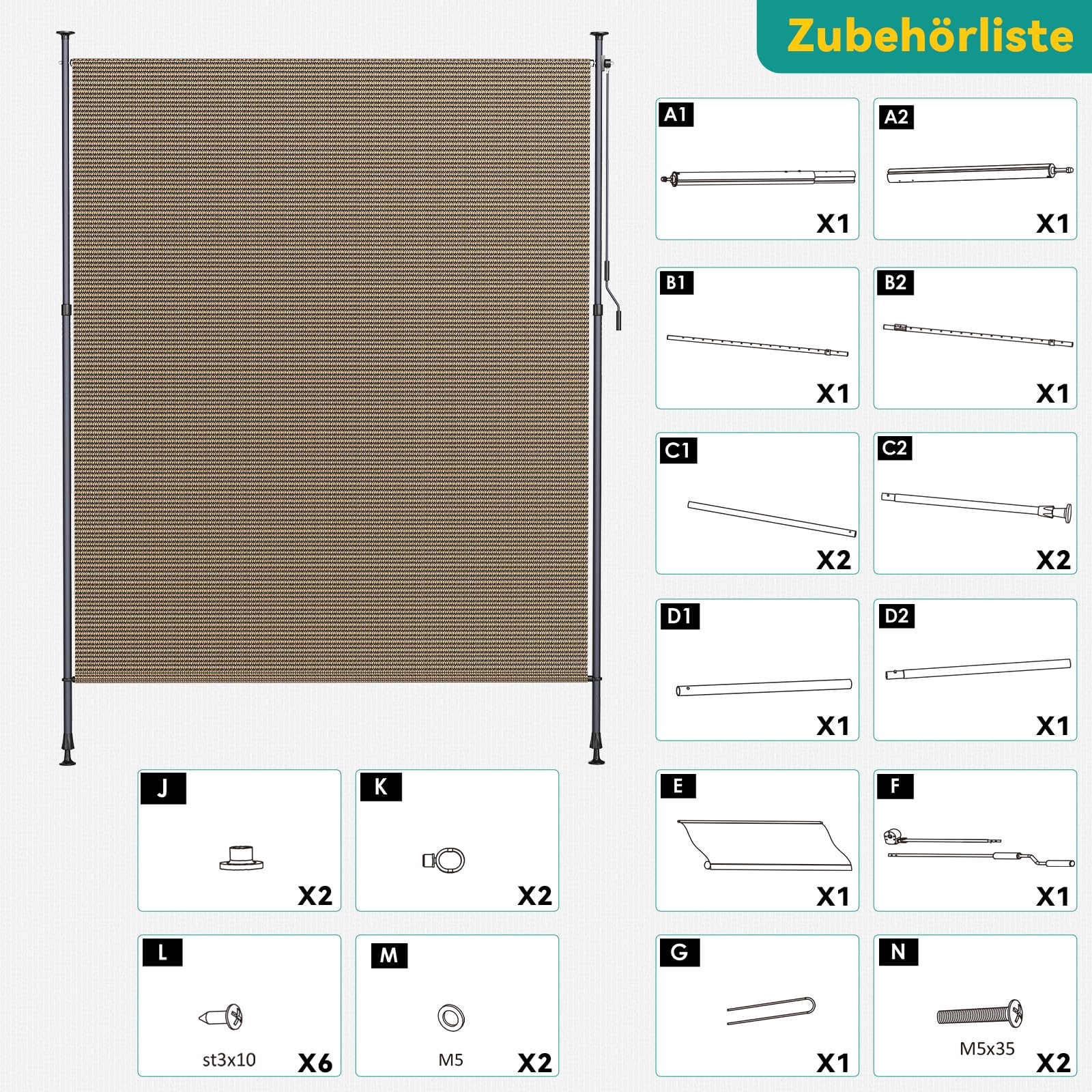 LIFERUN Tenda Verticale HDPE 200×310 cm Marrone, Tenda a Pinza Estensibile Senza Forare, Protezione Solare UV, Antivento, per Balcone Giardino Terrazza