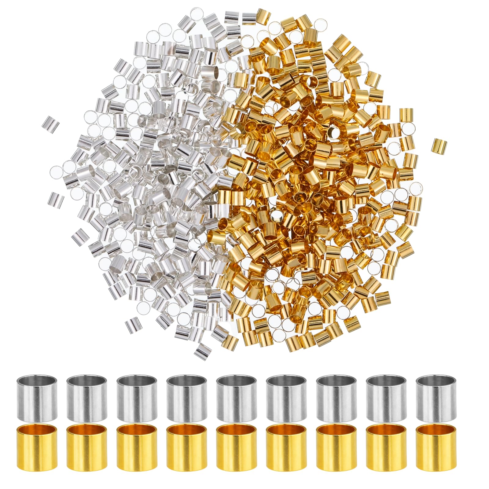 Photo 1 of 1000 Pcs Crimp Tube Beads for Jewelry Making, 2x2 mm Gold and Silver Round Crimp Beads, Plated Brass Tube Bead, Crimping Bead, Column Stoppers to Secure The Ends of Jewelry Strings, DIY Bracelet