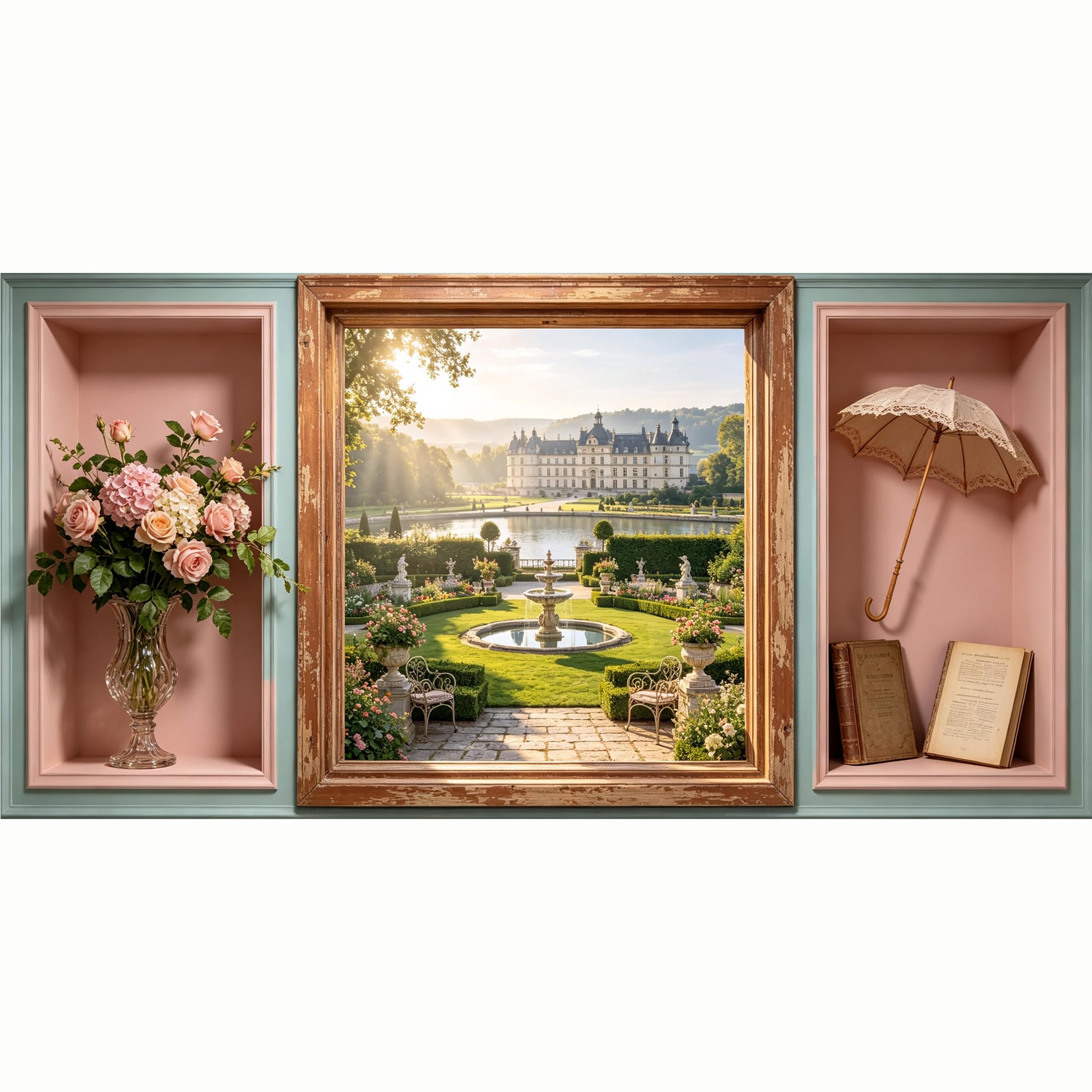 QZLITHOTIC 50x100cm 3D Framed Wall Art， European Castle Garden Fountain Landscape Self‑Adhesive Mural， Water‑Activated Peel & Stick Fabric Decor Wall Decal for Bedroom Living Room