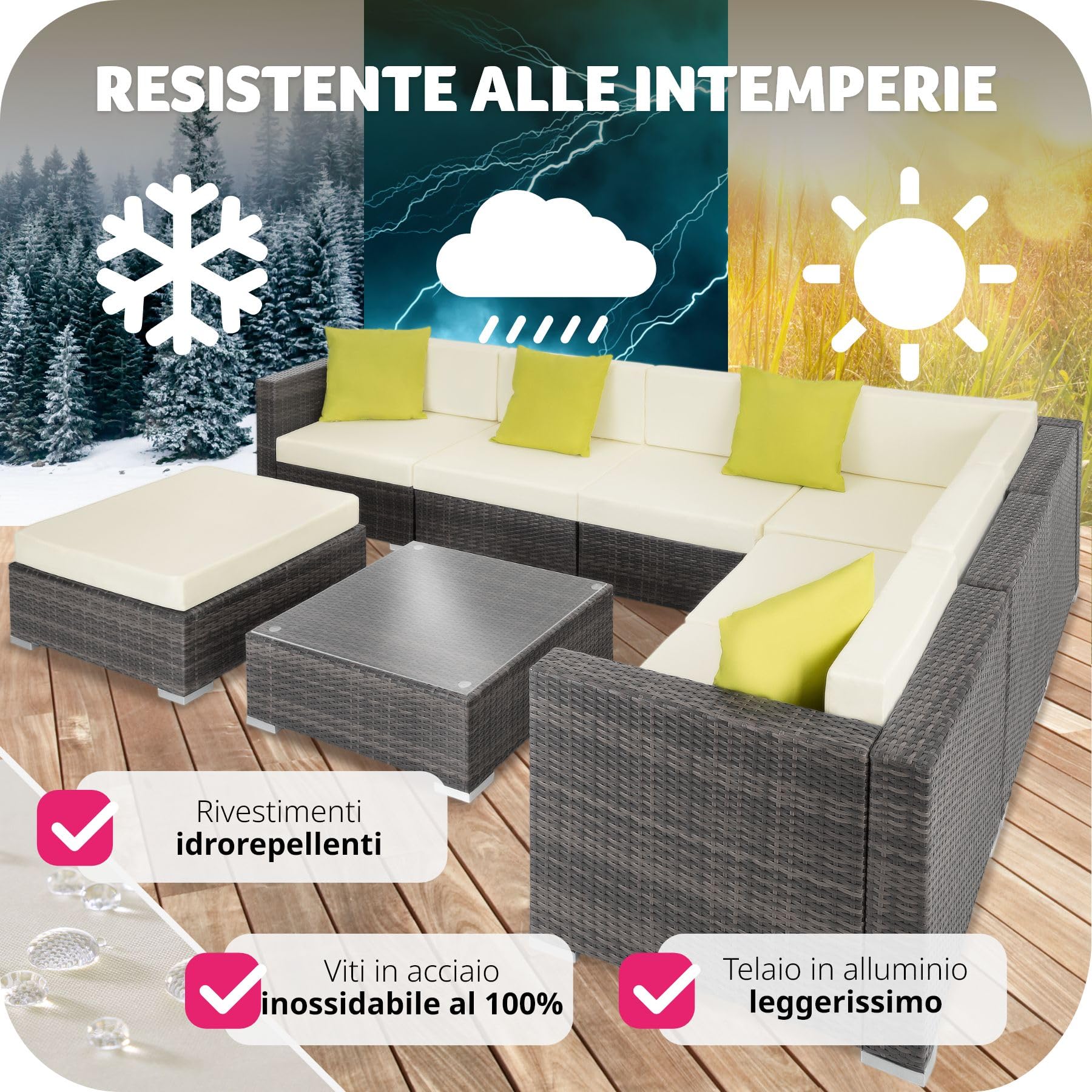 tectake® Set Lounge da Giardino Marbella in Polyrattan, Telaio in Alluminio, Tavolino Salotto con Ripiano in Vetro, Comode Poltrone, Cuscini Accessori Inclusi - Grigio