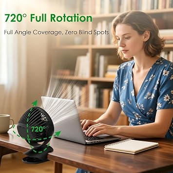 Minthouz Clip on Fan, 8000mAh, 4-Speed, Portable Desk Fan with Cord | 720 Rotation, Quiet Rechargeable Personal Fan for Office, Treadmill, Stroller, Camping