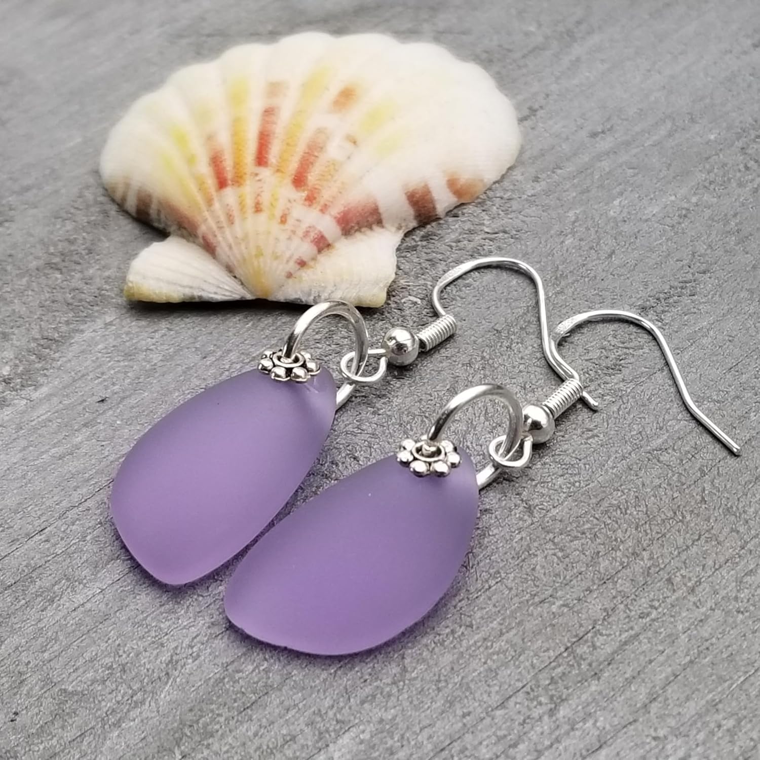 Handmade in Hawaii, Eclipse Sea Glass Earrings, Light Weight Minimalist Design, Unique Hawaii Birthday Gift (Purple - February)