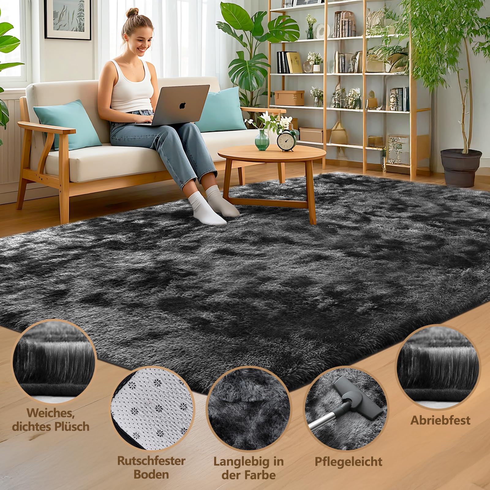 Teppich Wohnzimmer 200 x 300 cm: Hochflor Teppich Grau | Flauschiger Shaggy Teppich, Waschbar & Rutschhemmend, Weicher Polyester Teppiches für Schlafzimmer, Kinderzimmer