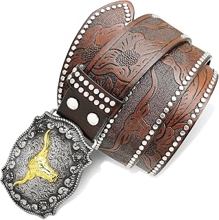 Mens Western Leather Buckle Belt, Bull Head Engraved Brown Cowboy Belts With LongHorn Bull Buckles, 1-1/2 Inch Wide
