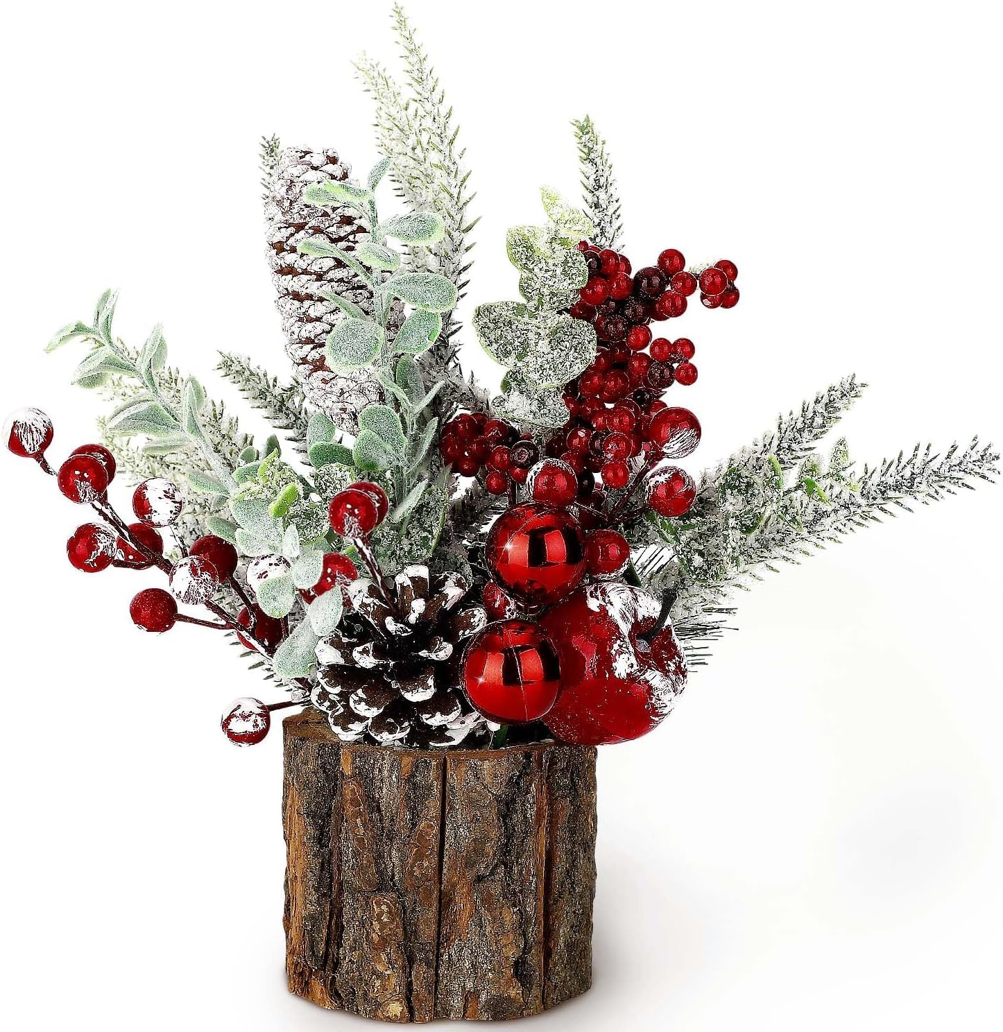 Small Christmas Tree Tabletop Artificial Mini Christmas Tree Decorations with Holiday Ornaments Berry Pine Cone for Home Indoor Fireplace Mantel Xmas Decor (Red)