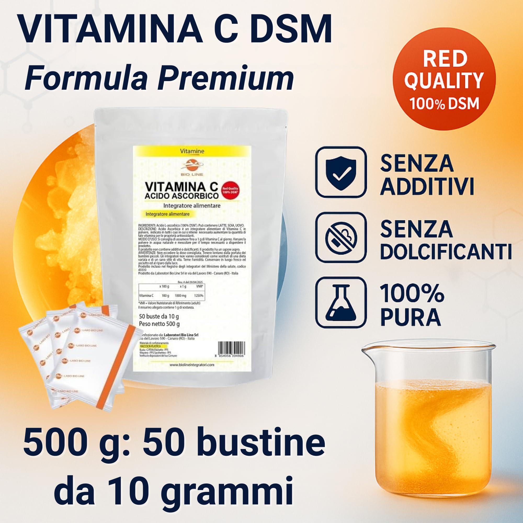 BioLine - Acido Ascorbico Red Quality - Vitamina C DSM in Polvere Pura 500 g (50 bustine da 10 grammi) Integratore Difese Immunitarie con Elevata Concentrazione di Antiossidanti Integratori Alimentari
