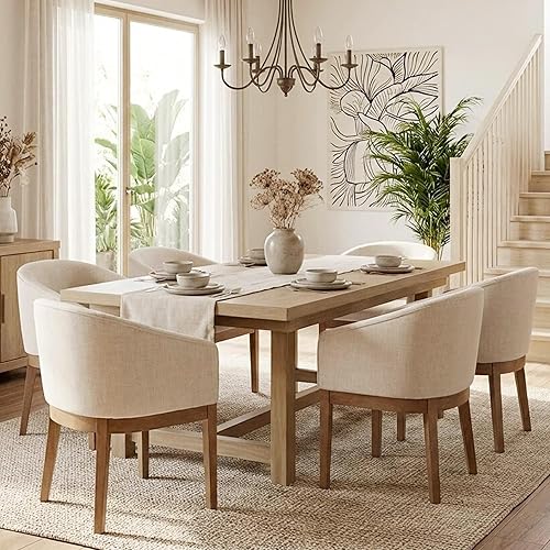 Juego de 6 sillas de comedor de barril tapizadas modernas de mediados de siglo con brazos, sillas de cocina y comedor de lino de granja con marco de