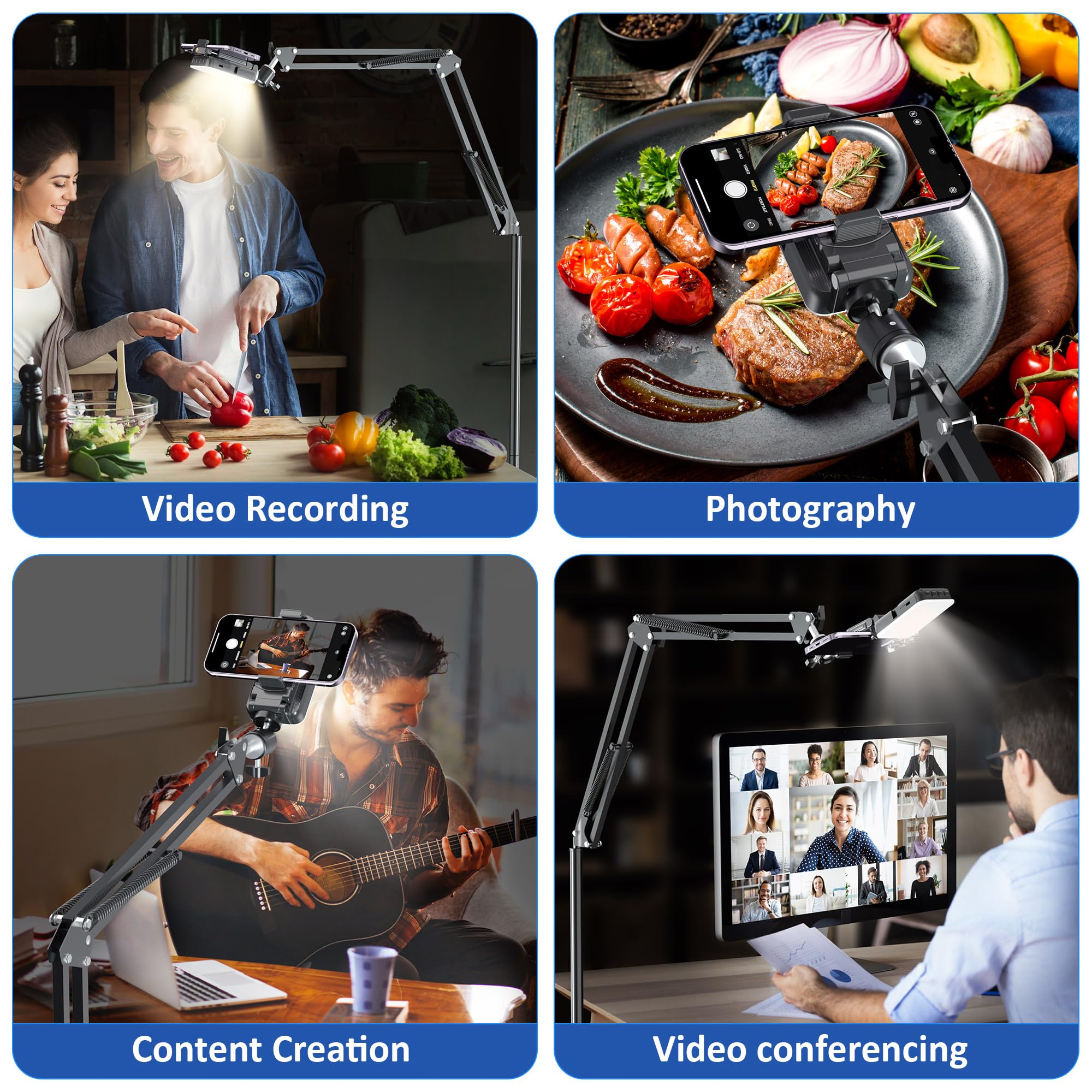 Overhead Phone Tripod for Cooking Videos with Rechargeable Light, Move  Around Floor Phone Stand with Ring Light Content Creator Video Recording  Selfie