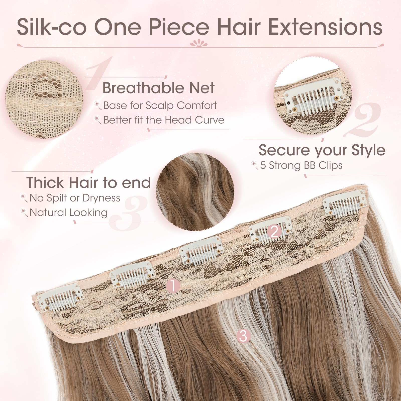 Silk-co One Piece Clip In Hair Extensions Curly 150g Hair Extensions Clip in Hairpieces 5 Clips Wavy Curly Synthetic 3/4 Half Full Head for Laides and Women 20Inch-50cm Medium Brown mix White Blonde - Image 3