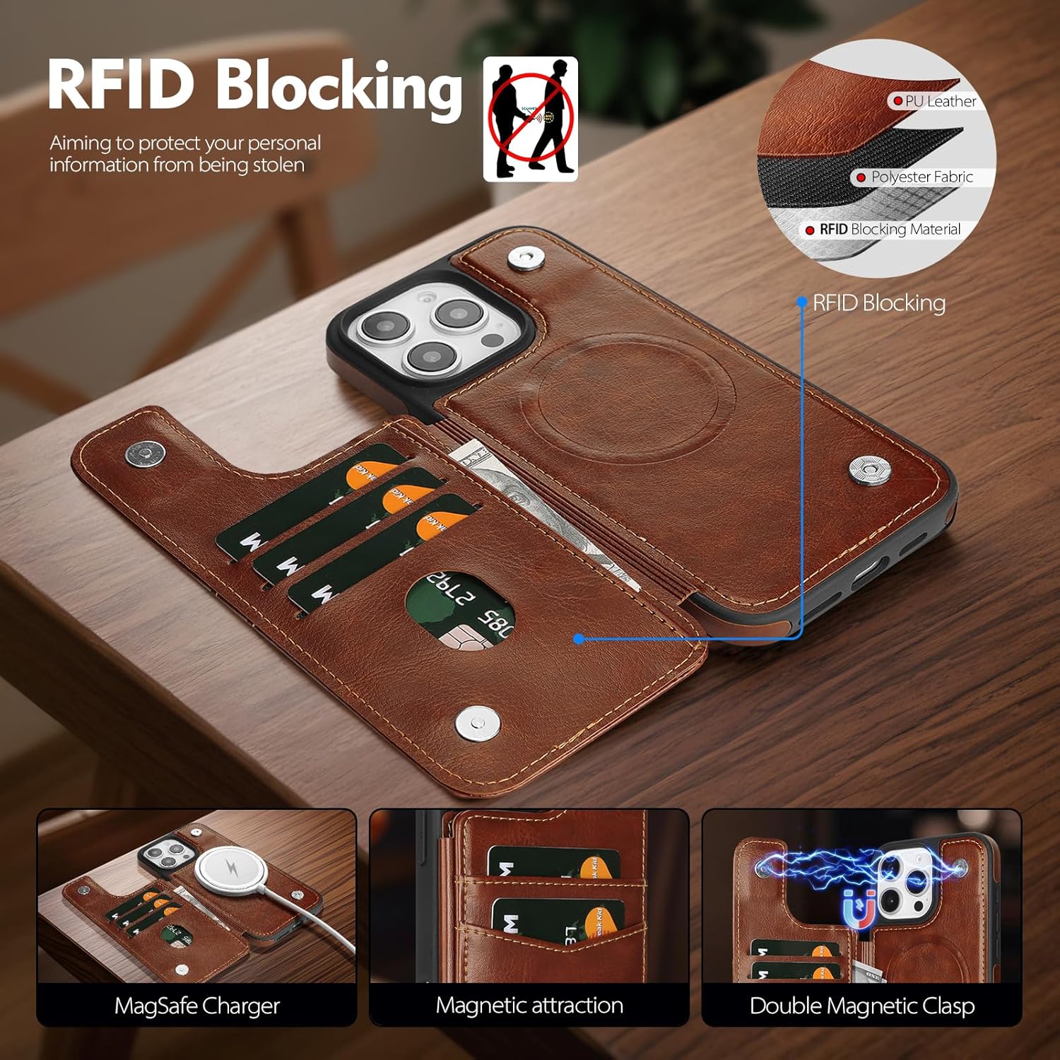 Compatible with Magsafe for iPhone 16 Pro Wallet Case with Card Holder,Women Men Phone Case PU Leather Kickstand Flip Protective Cover Credit Card Slots,for Apple 16 Pro 6.3",Brown - Image 3