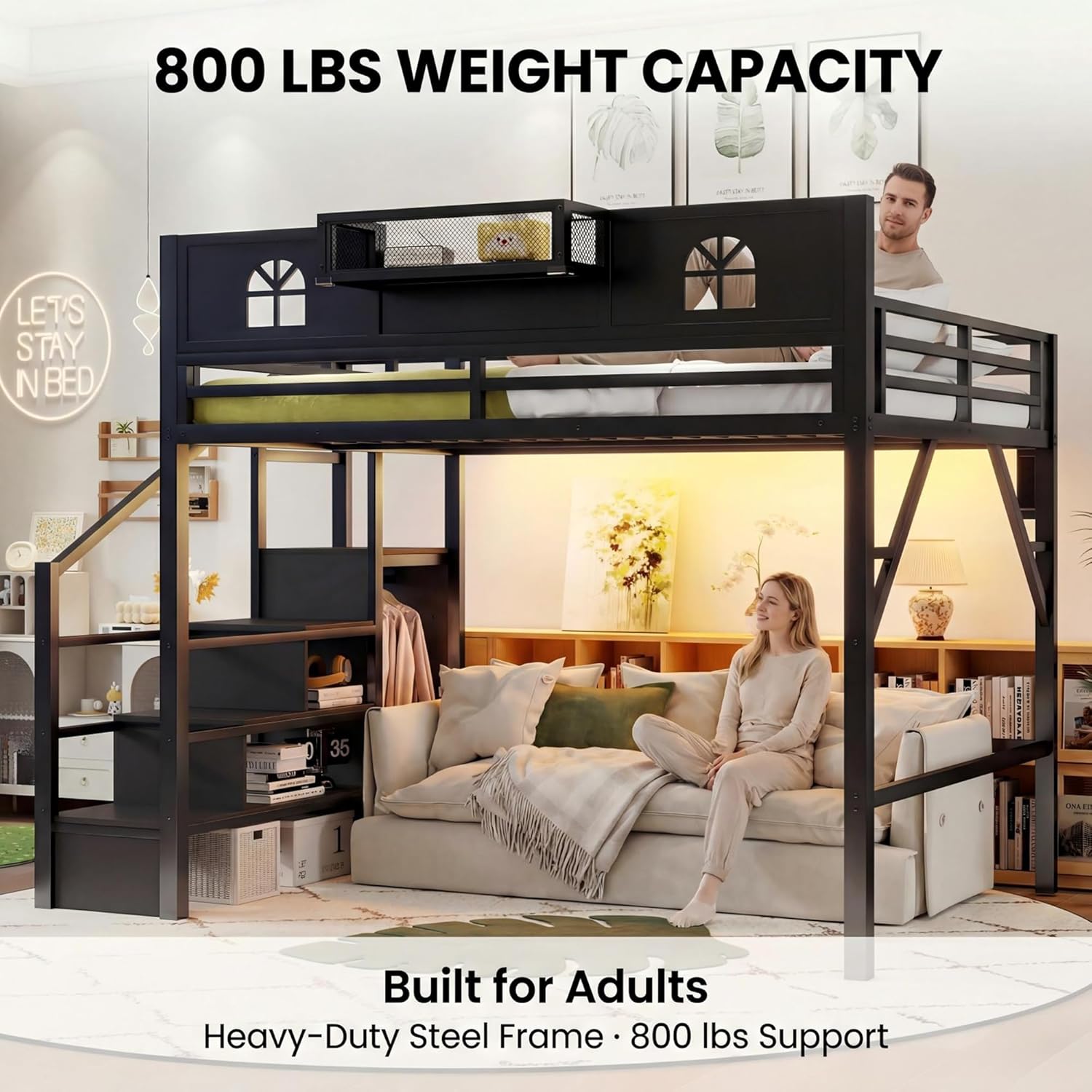 Mirightone Queen Size Loft Bed with Wardrobe, Storage Stairs & Charging Station, Heavy-Duty Loft Beds for Adults with LED Lights, 800 lbs Capacity, Extra-Tall Guardrails, Black Staircase, White