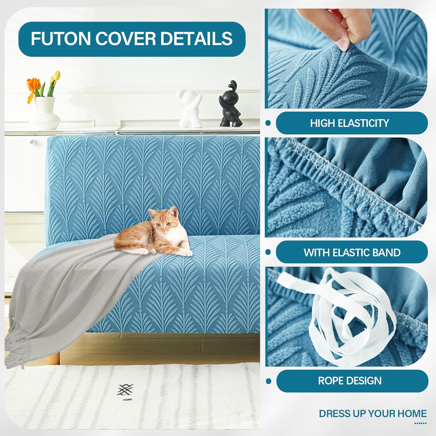 Futon Slipcover Without Armless, Stretch Futon Cover Soft Thick Armless Sofa Cover Universal Washable Sofa Bed Cover-Blue-Large