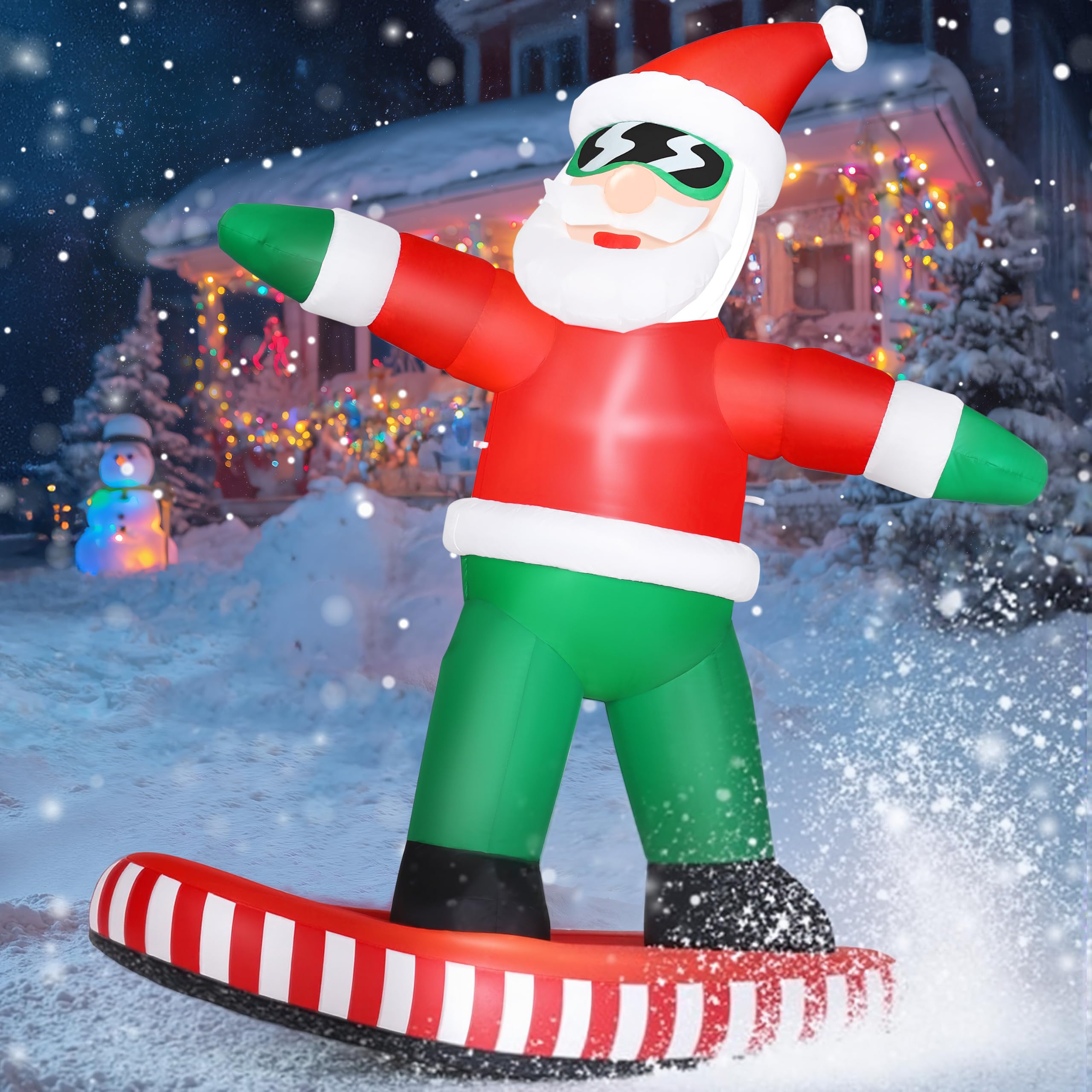 Joiedomi 1,80 m hohe aufblasbare Weihnachtsdekoration für den Außenbereich, aufblasbarer snowboardender Weihnachtsmann, aufblasbare Gartendekoration mit integrierter LED-Beleuchtung