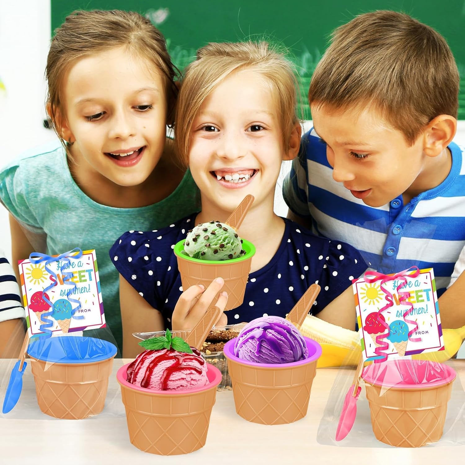 24 Sets End of Year Student Gifts Ice Cream Bowls and Spoons with Summer Cards Last Day of School Gifts from Teacher Summer Holiday Pool Beach Parties Exchange Prizes Supplies